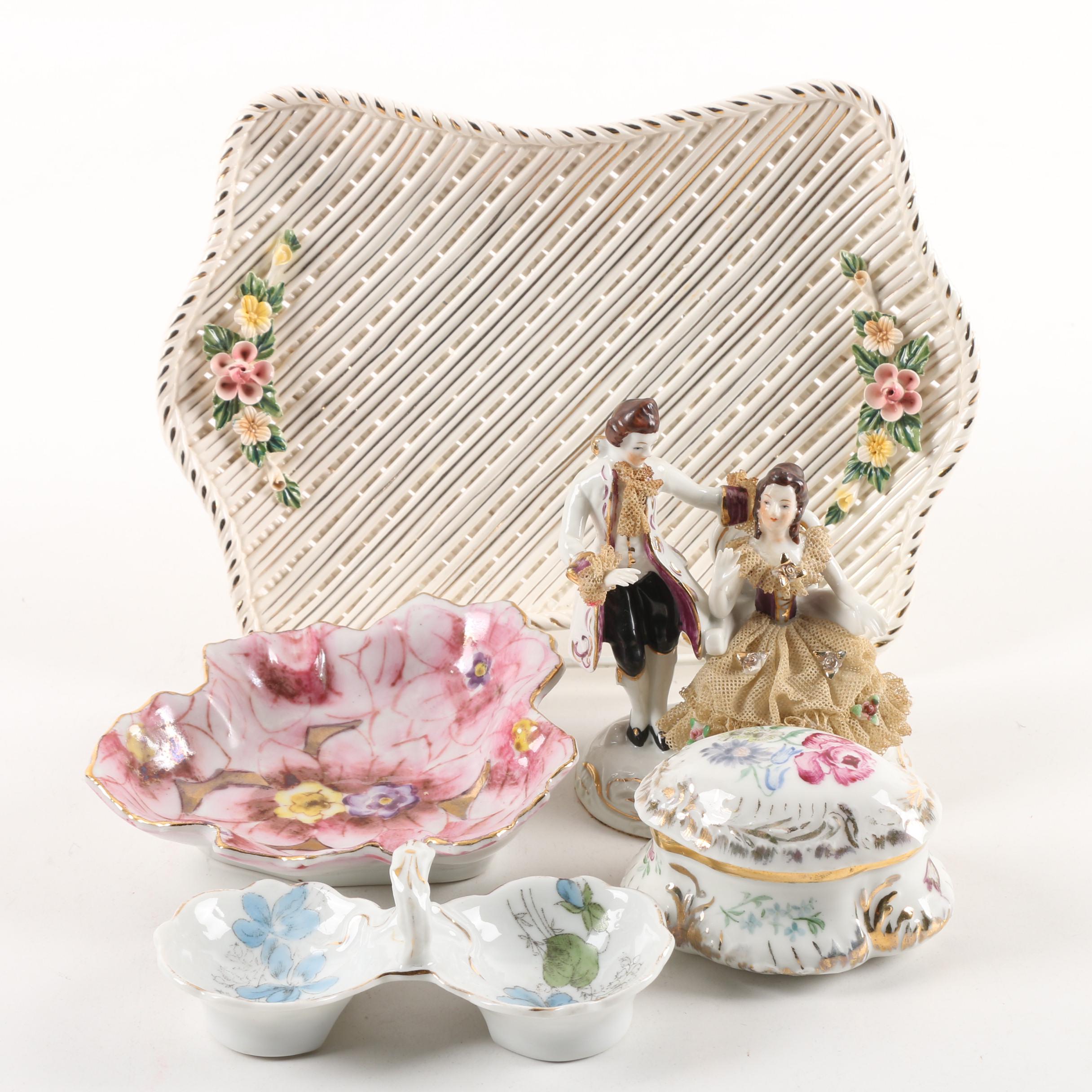 Vintage Dresden Lace Figurine, Porcelain Trays, and Lidded Trinket Box
