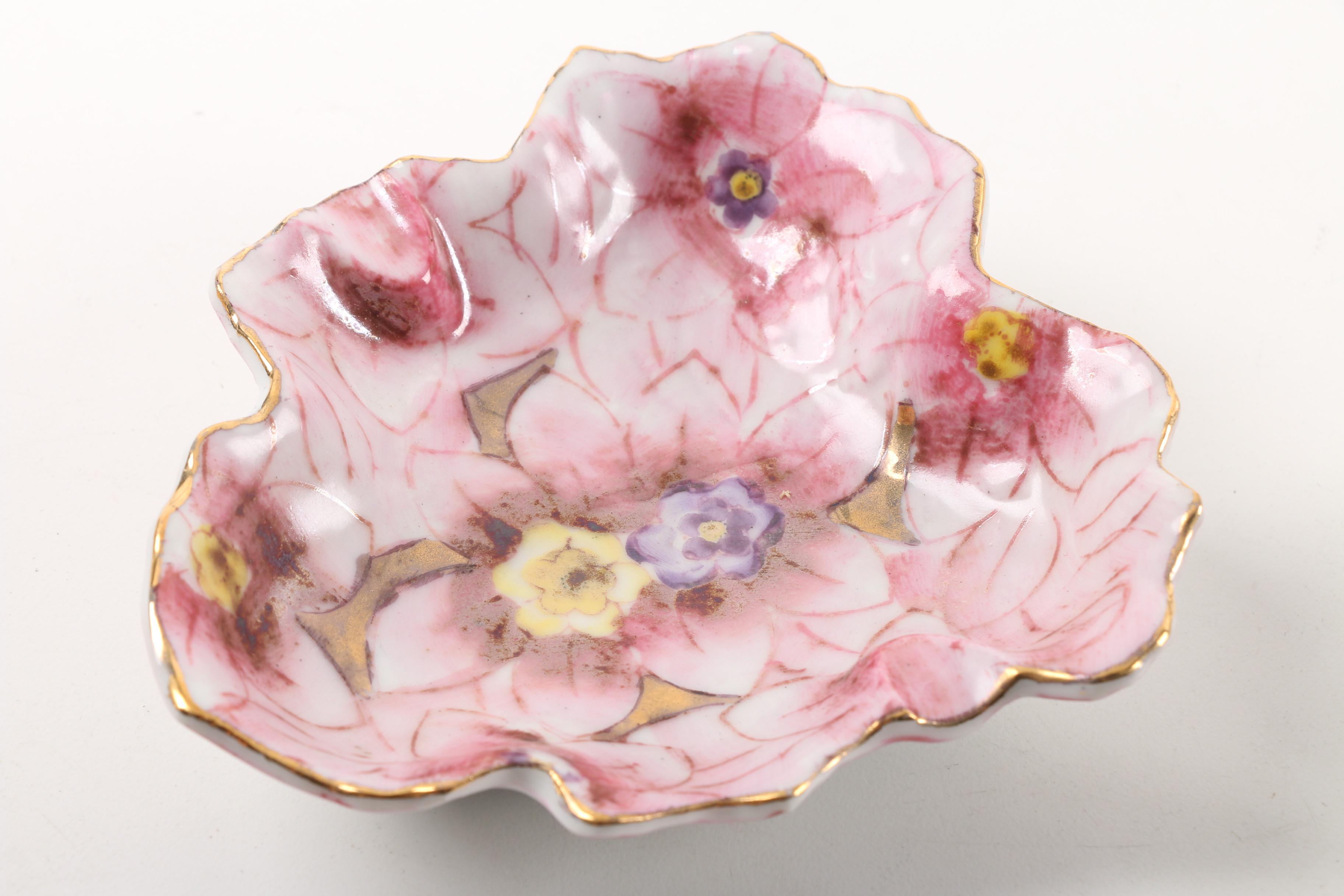 Vintage Dresden Lace Figurine, Porcelain Trays, and Lidded Trinket Box