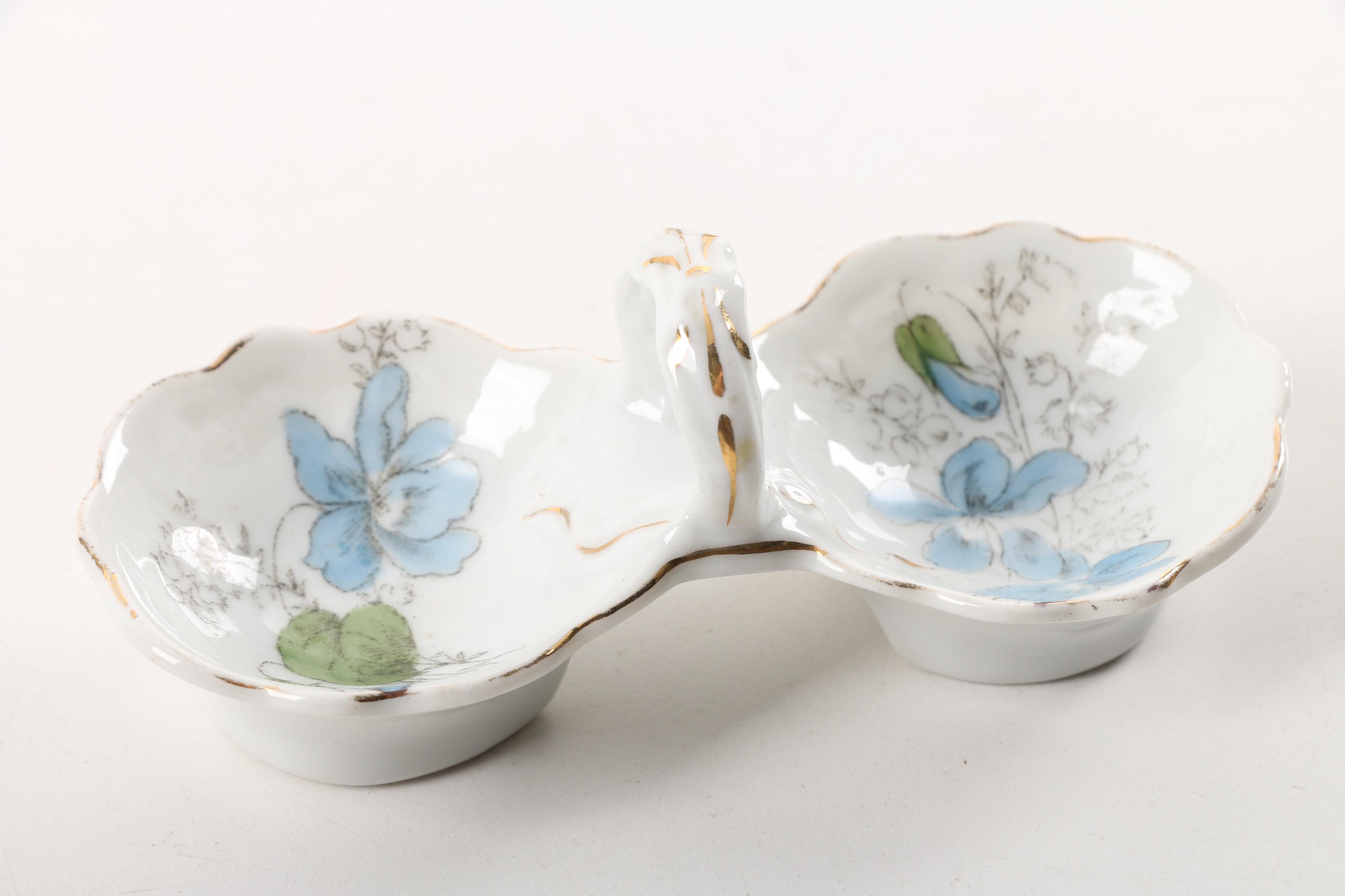 Vintage Dresden Lace Figurine, Porcelain Trays, and Lidded Trinket Box