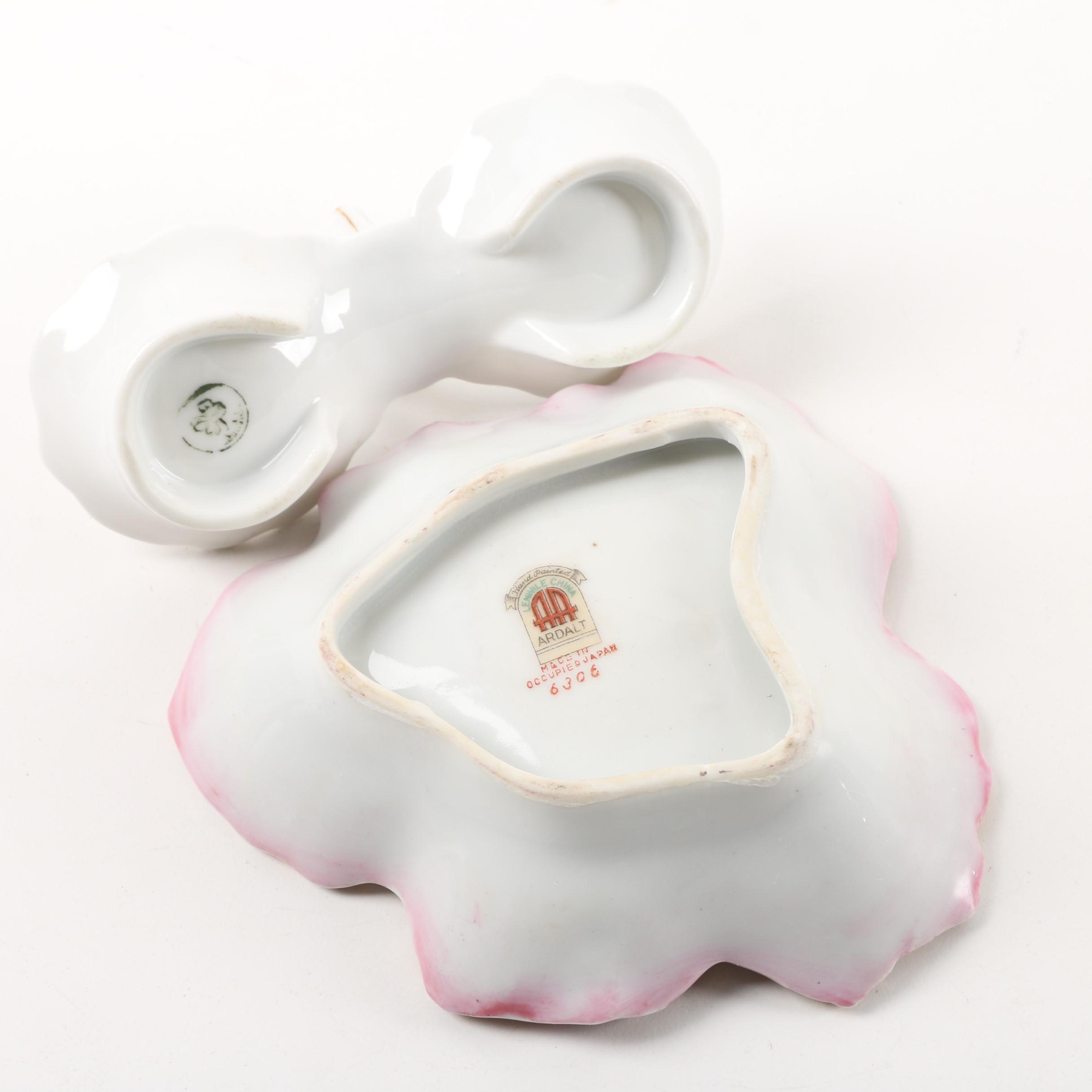 Vintage Dresden Lace Figurine, Porcelain Trays, and Lidded Trinket Box