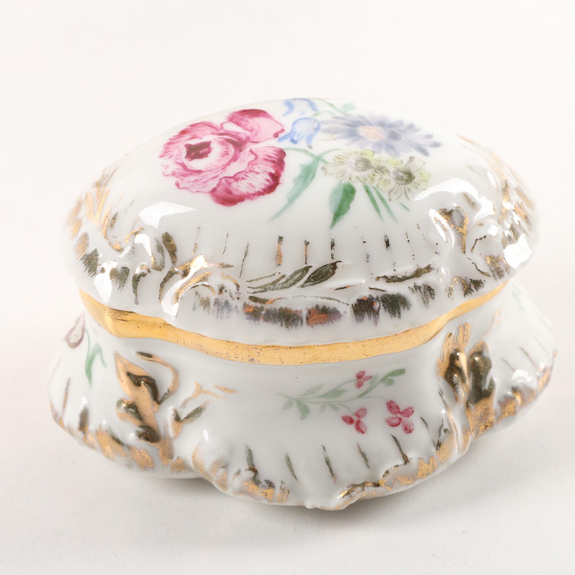 Vintage Dresden Lace Figurine, Porcelain Trays, and Lidded Trinket Box