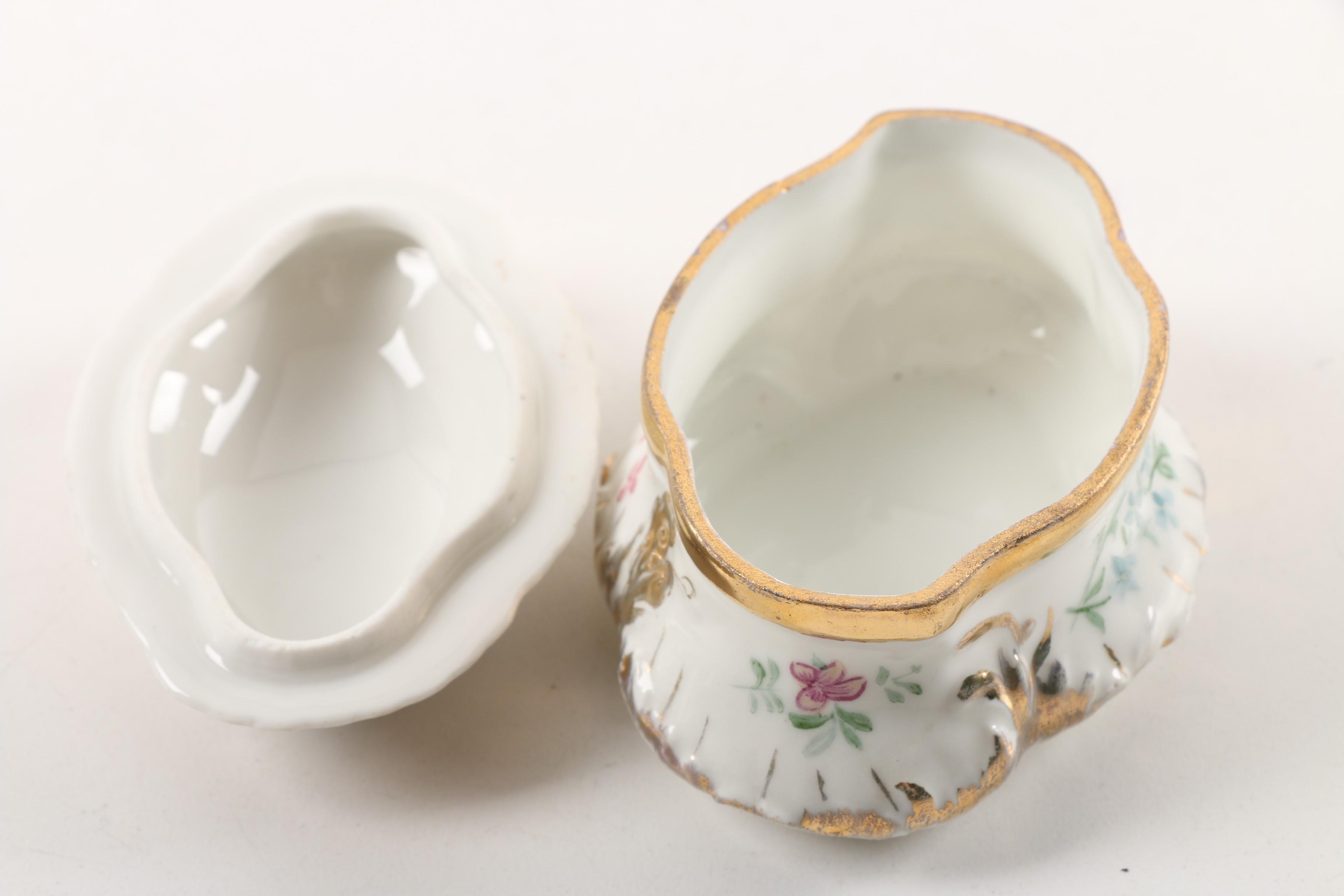 Vintage Dresden Lace Figurine, Porcelain Trays, and Lidded Trinket Box