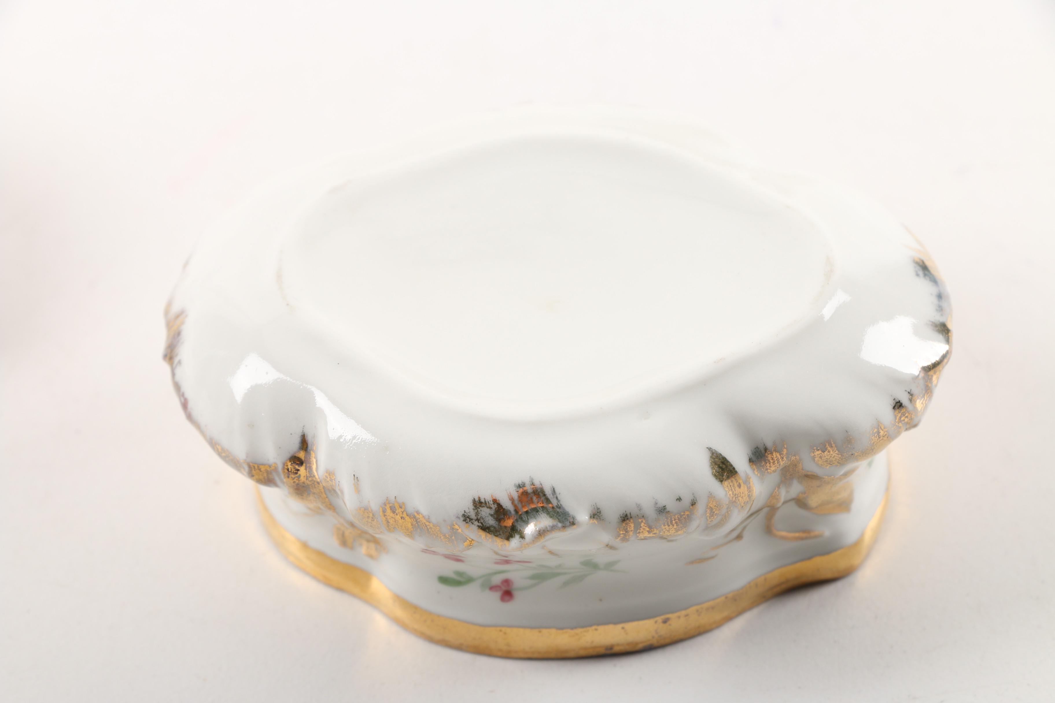 Vintage Dresden Lace Figurine, Porcelain Trays, and Lidded Trinket Box