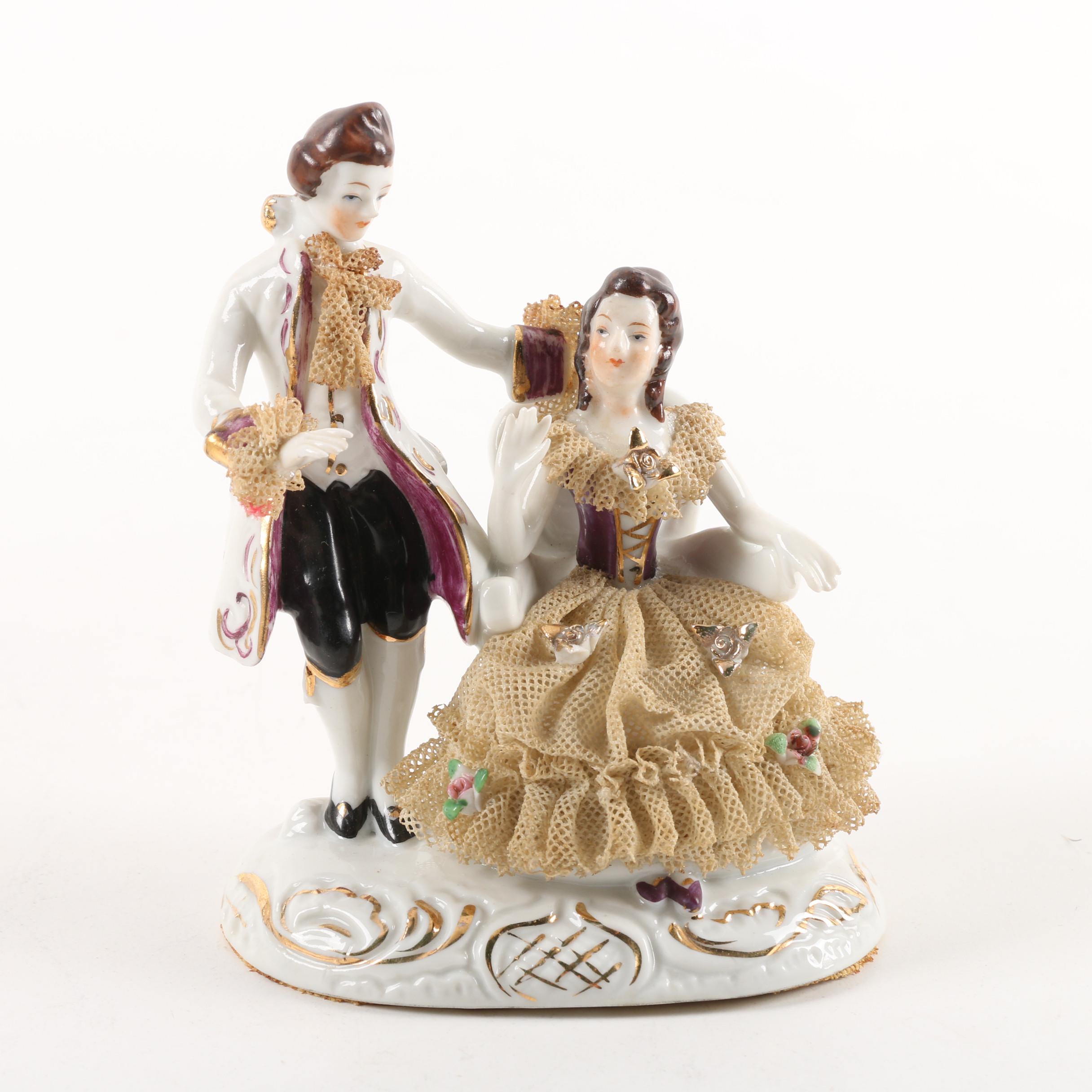 Vintage Dresden Lace Figurine, Porcelain Trays, and Lidded Trinket Box