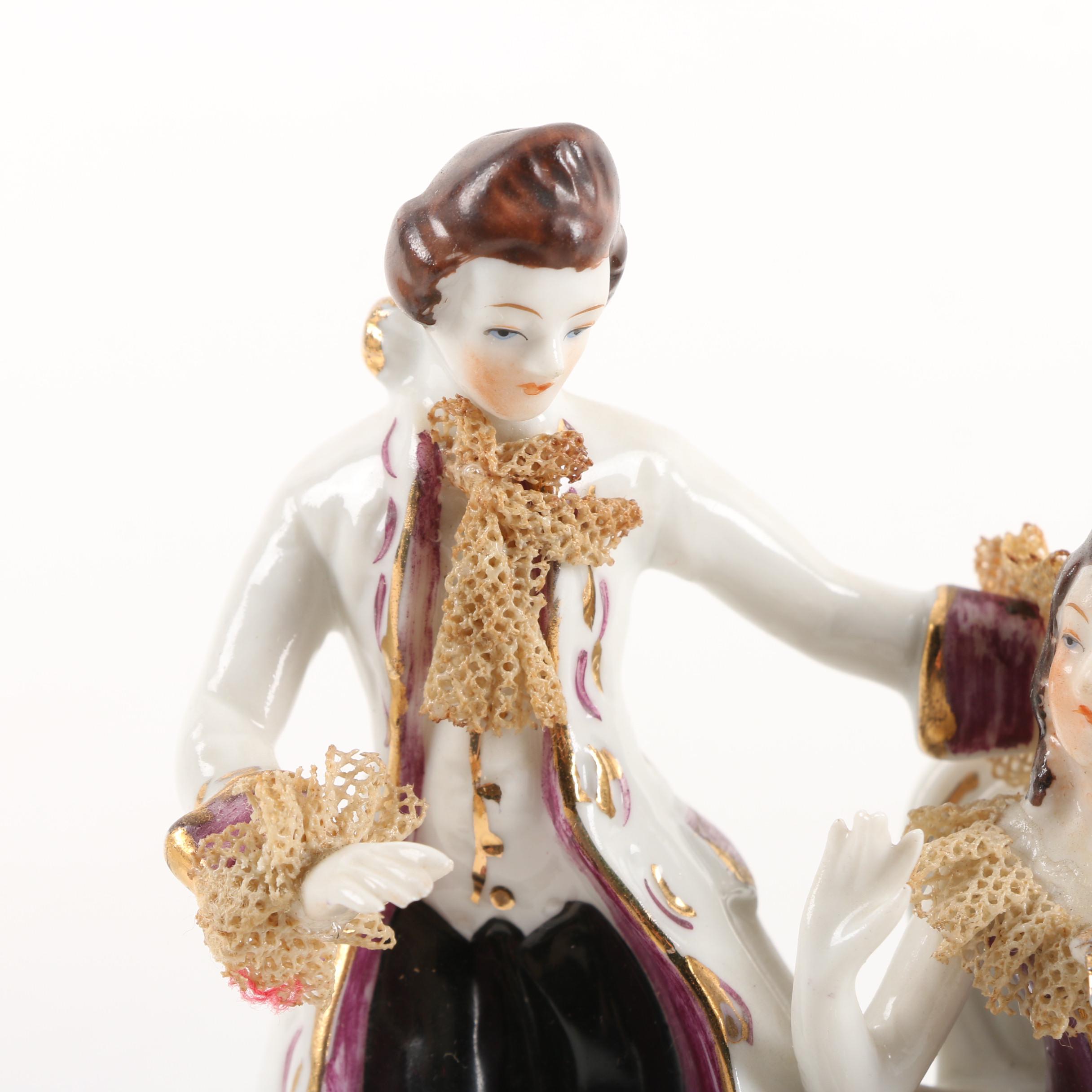 Vintage Dresden Lace Figurine, Porcelain Trays, and Lidded Trinket Box