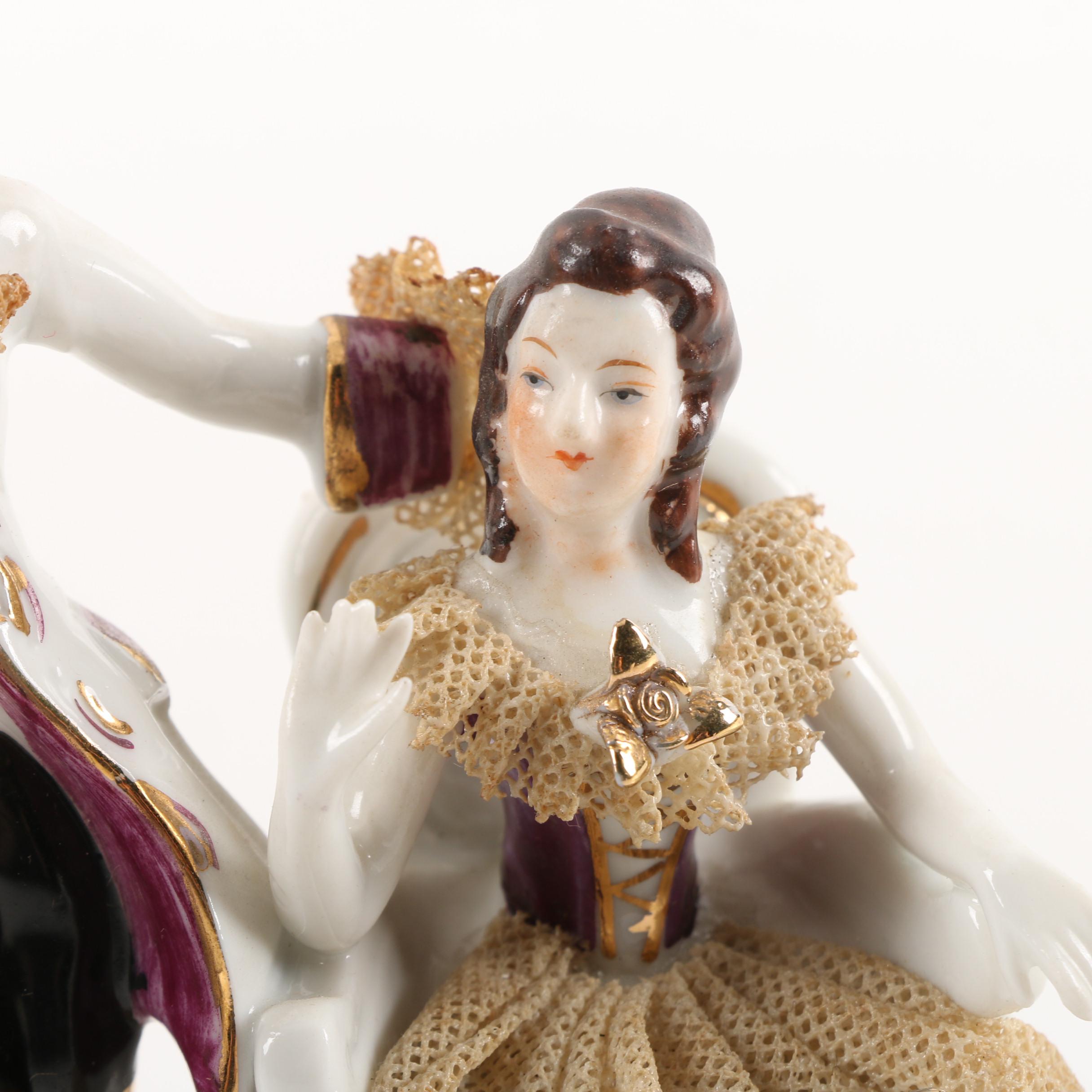 Vintage Dresden Lace Figurine, Porcelain Trays, and Lidded Trinket Box