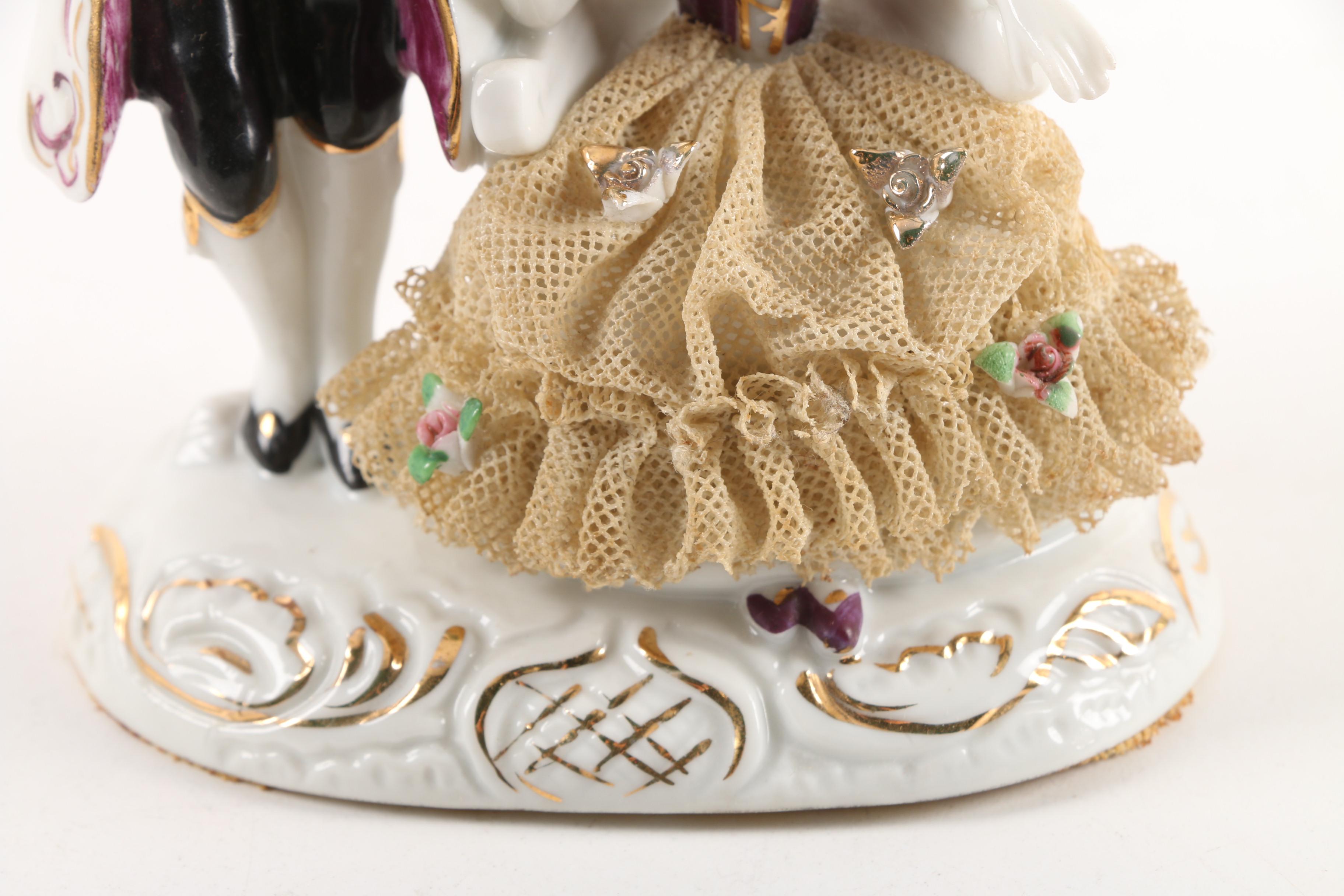 Vintage Dresden Lace Figurine, Porcelain Trays, and Lidded Trinket Box