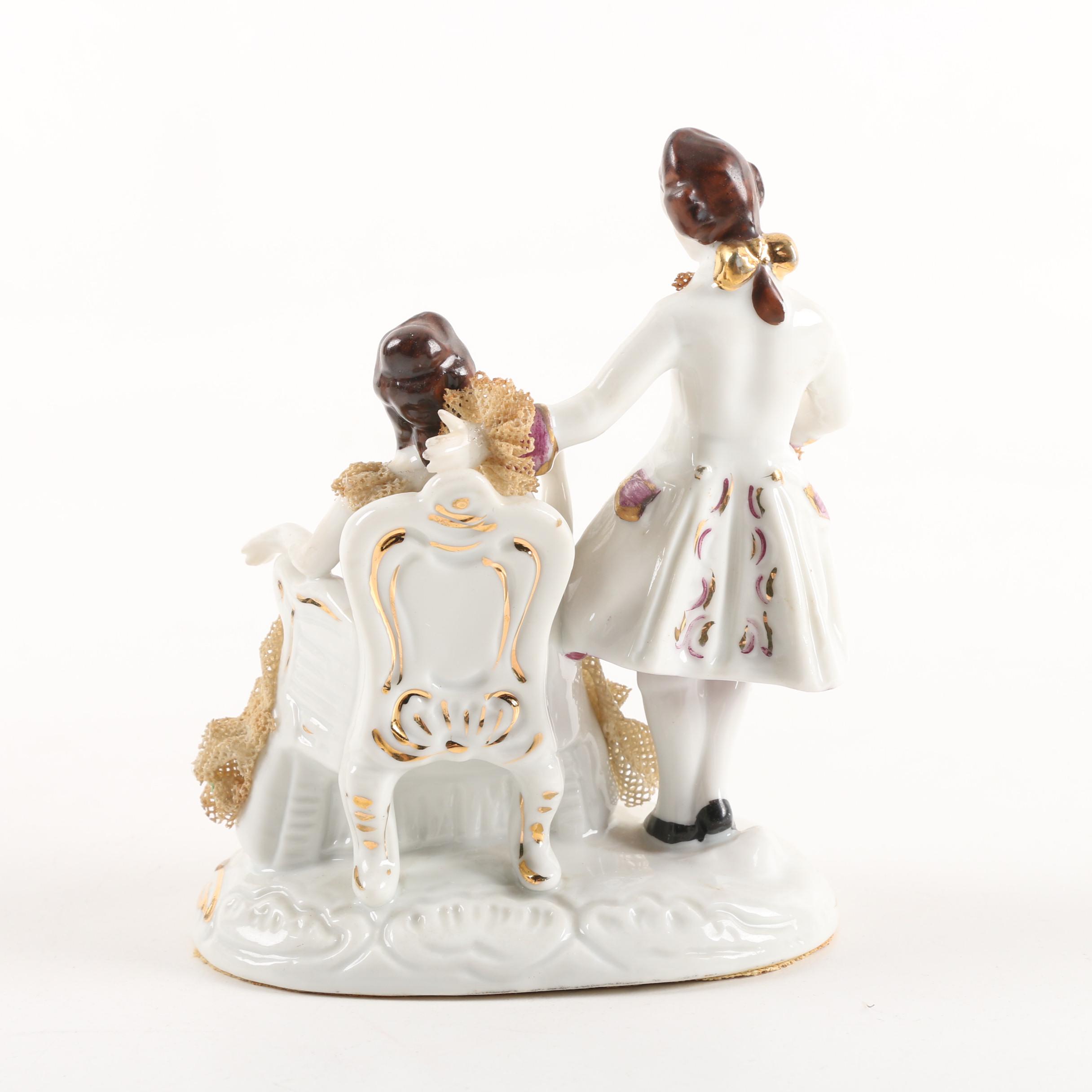 Vintage Dresden Lace Figurine, Porcelain Trays, and Lidded Trinket Box