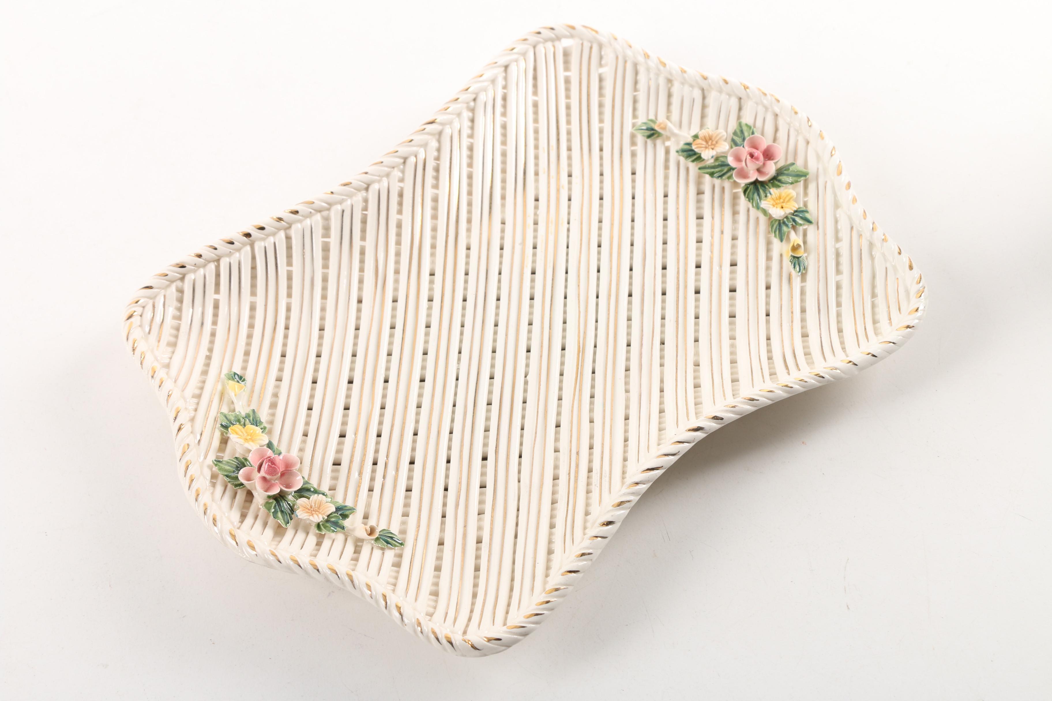 Vintage Dresden Lace Figurine, Porcelain Trays, and Lidded Trinket Box