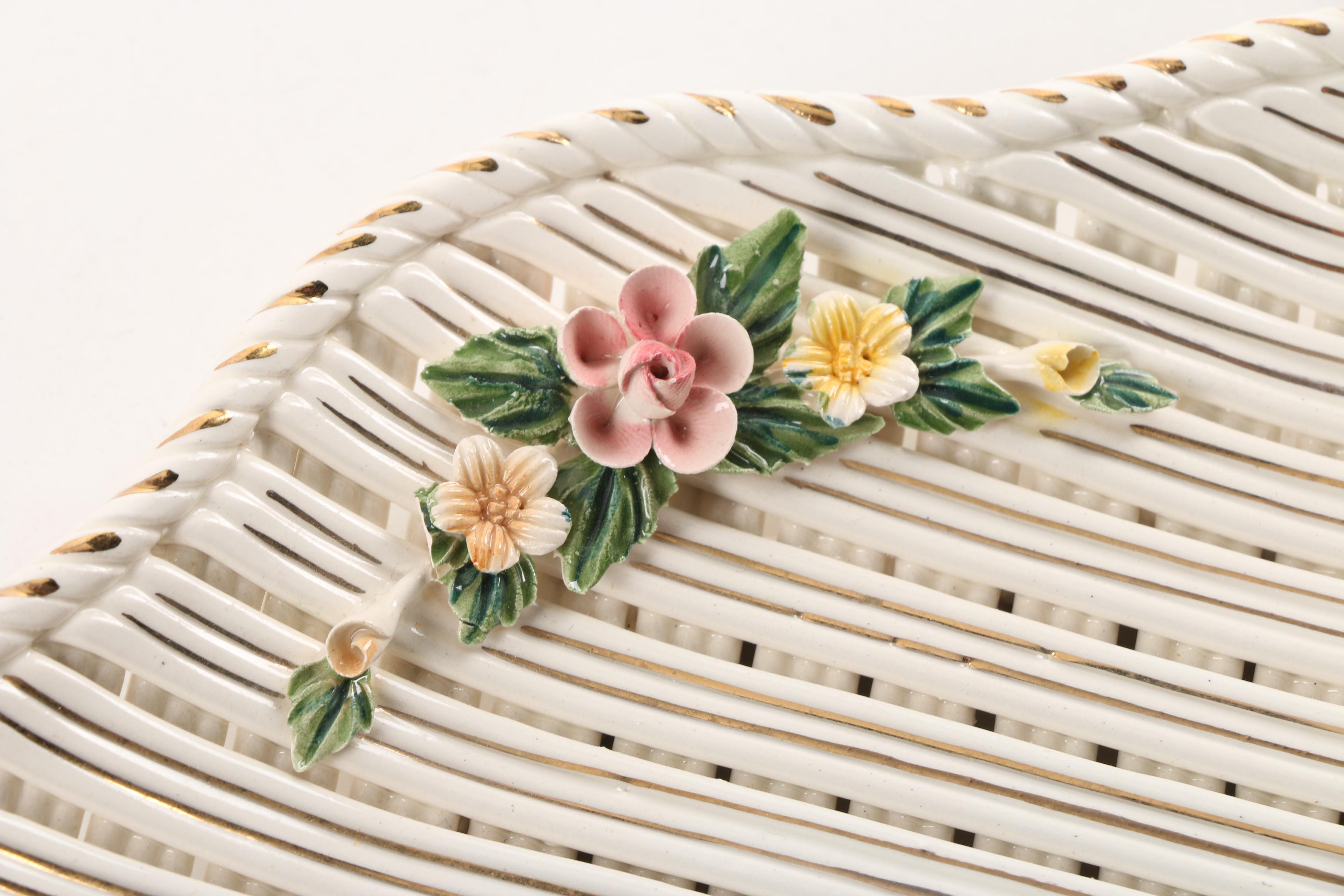 Vintage Dresden Lace Figurine, Porcelain Trays, and Lidded Trinket Box