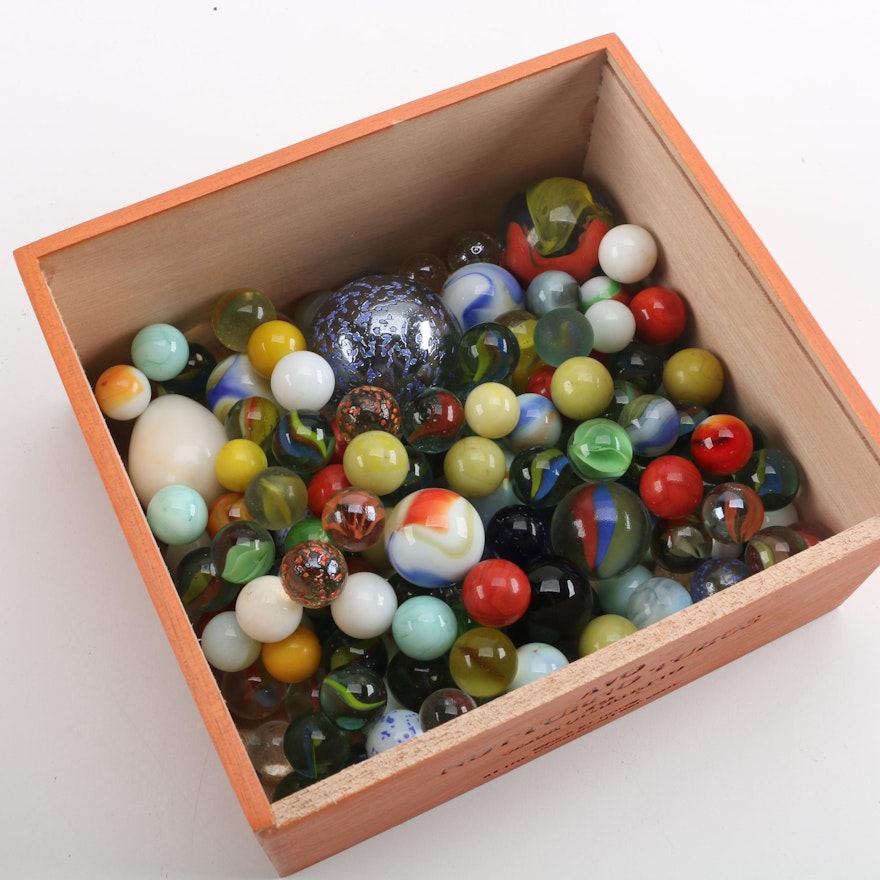 Marble Egg and Glass Marble Collection with Wooden Cigar Box