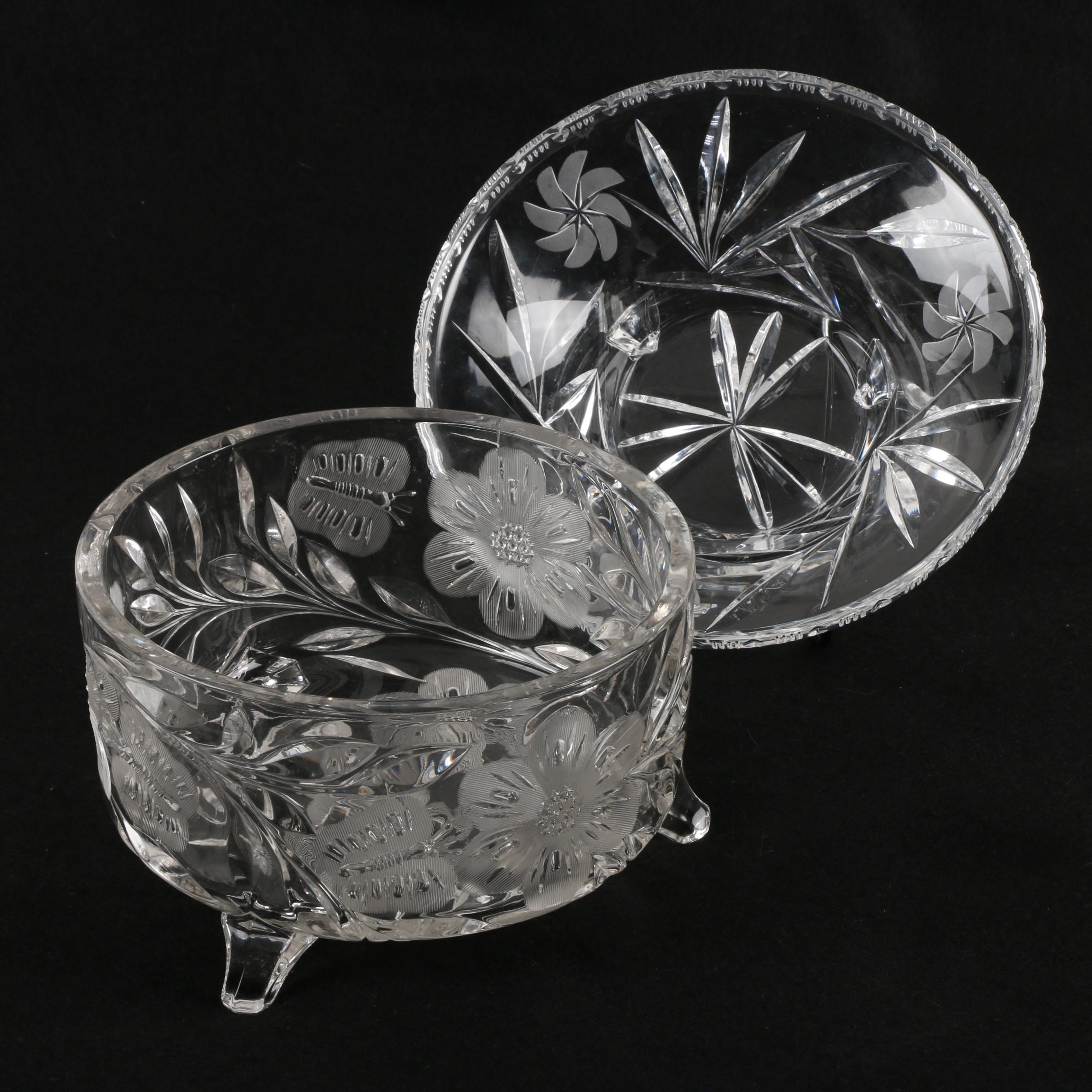 Floral Themed Cut Crystal Footed Dishes
