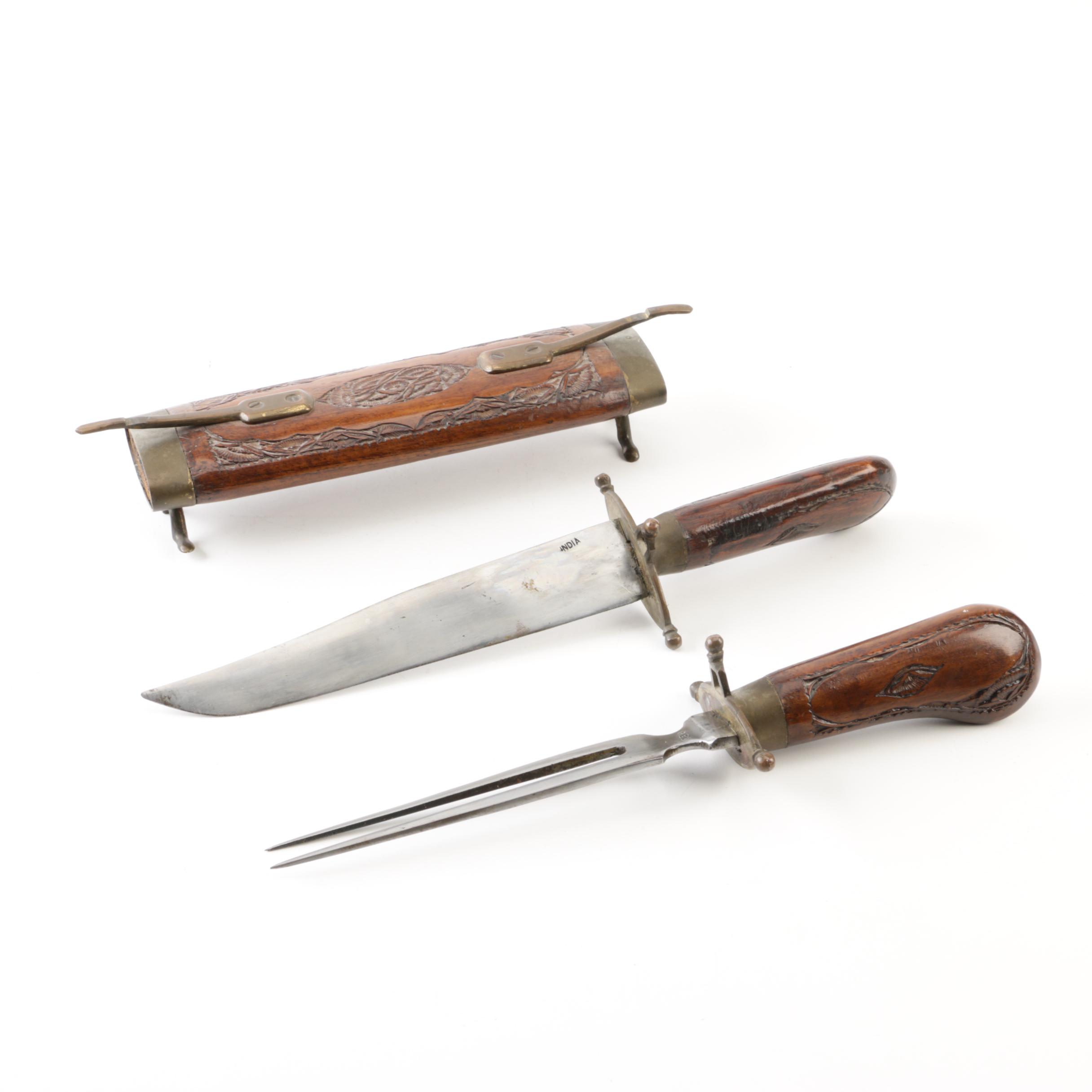 Vintage Indian Brass and Wood Carving Set with Sheath Stand
