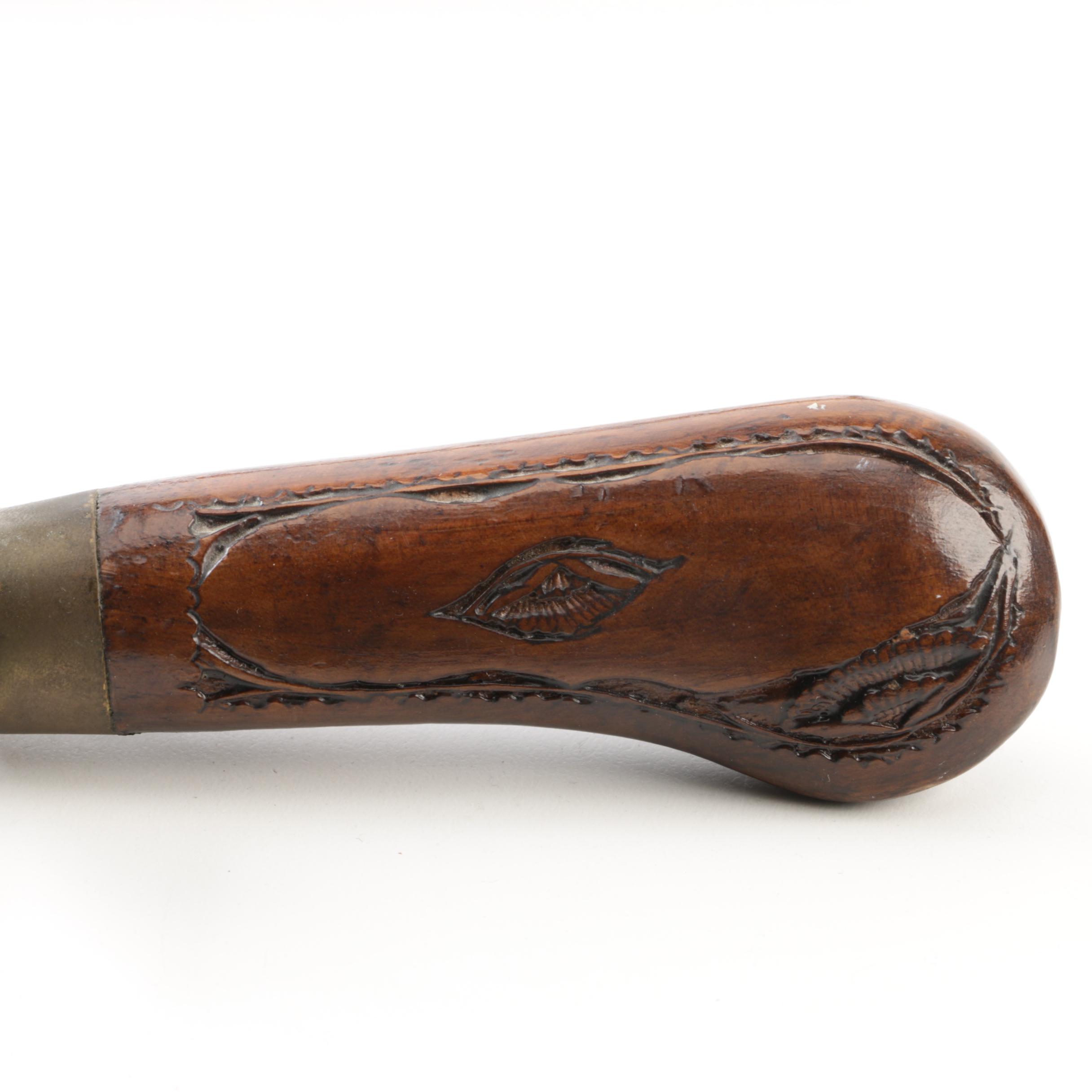 Vintage Indian Brass and Wood Carving Set with Sheath Stand