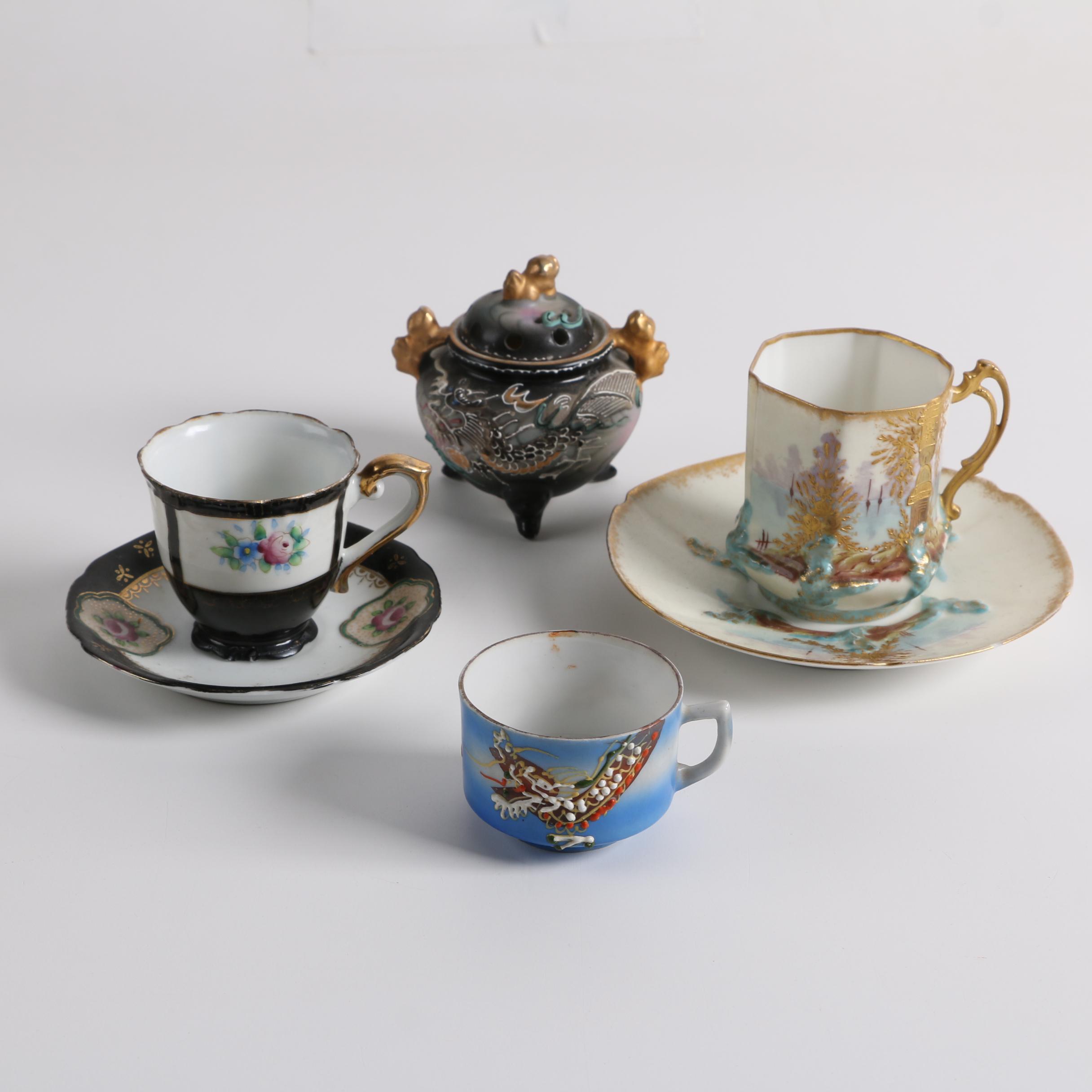 Vintage Japanese Export Porcelain Tea Cups, Saucers and Sugar Bowl