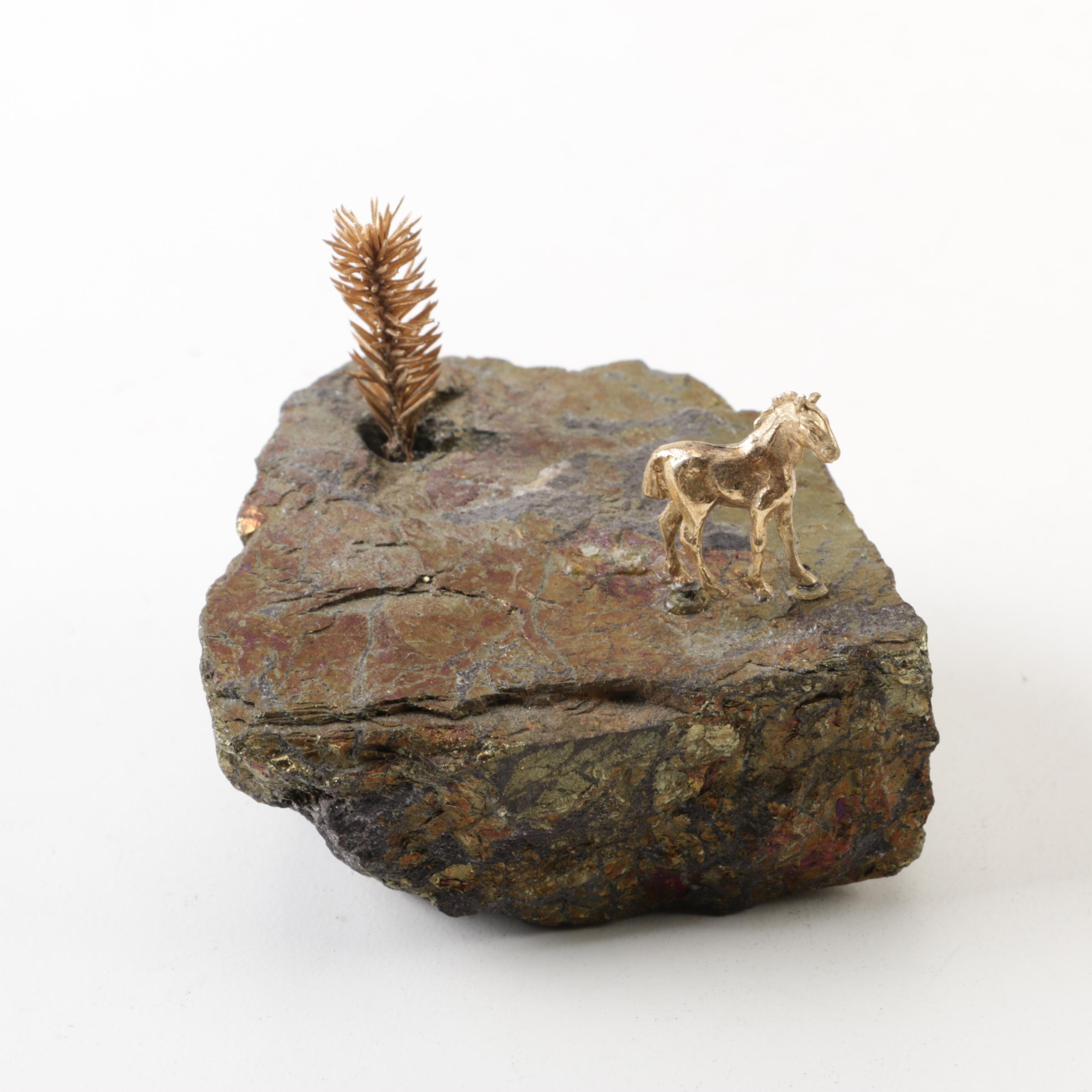 Enameled Music Trinket Box and Pyrite Specimen with Small Figural Horse
