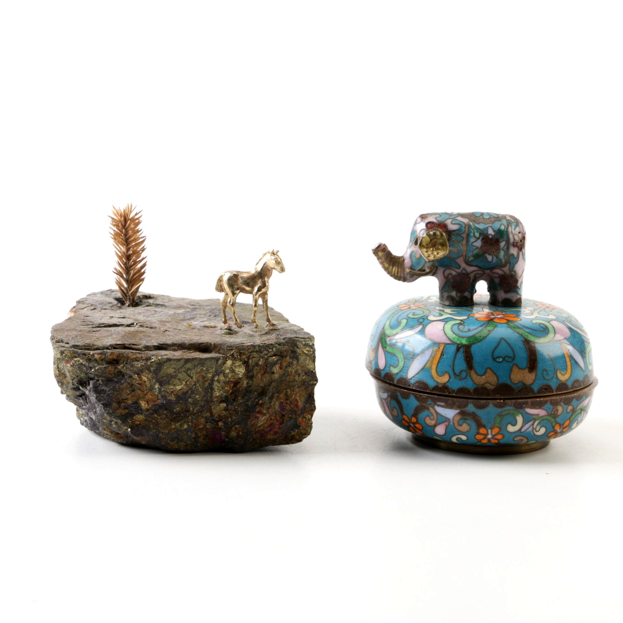 Enameled Music Trinket Box and Pyrite Specimen with Small Figural Horse