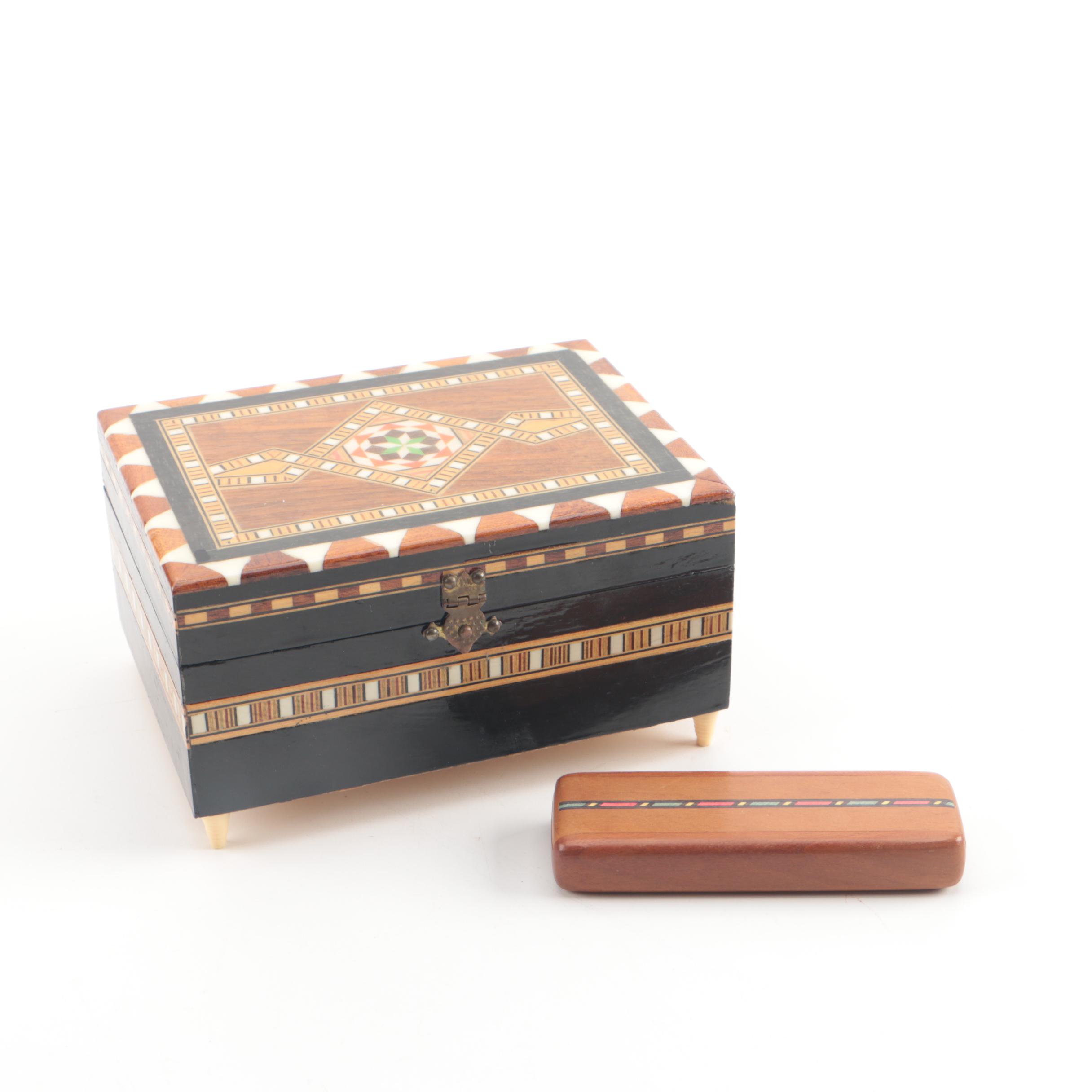 Hand Crafted Inlaid Wood Music Box and Trinket Box