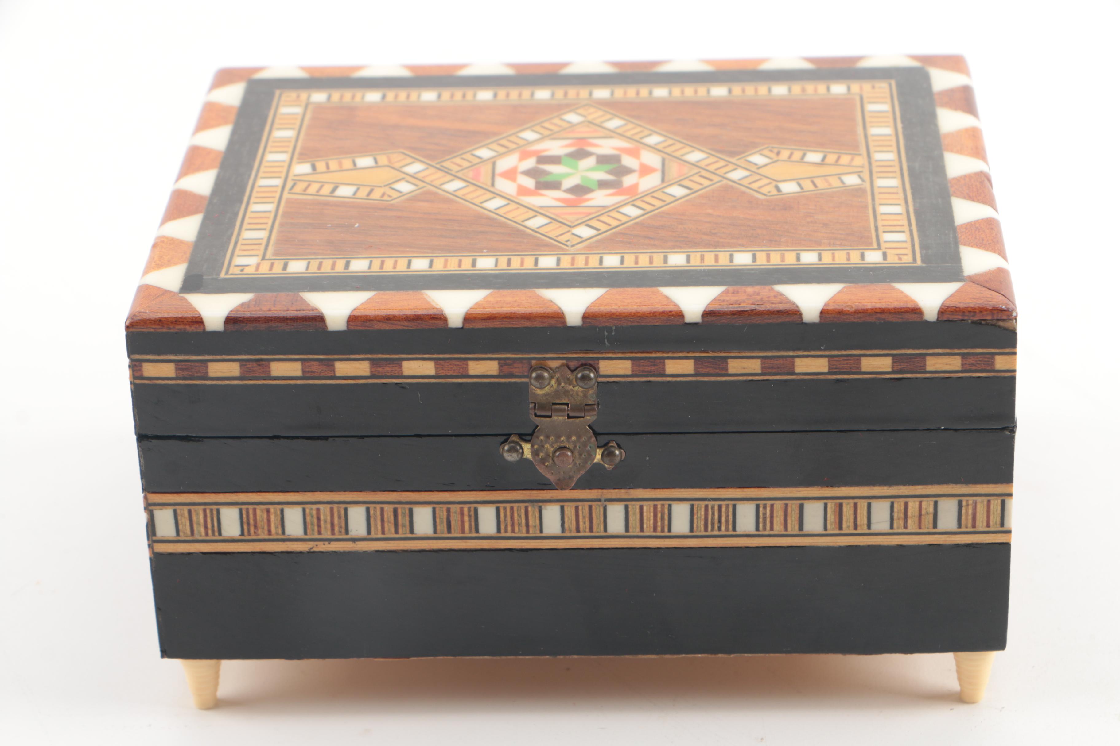 Hand Crafted Inlaid Wood Music Box and Trinket Box