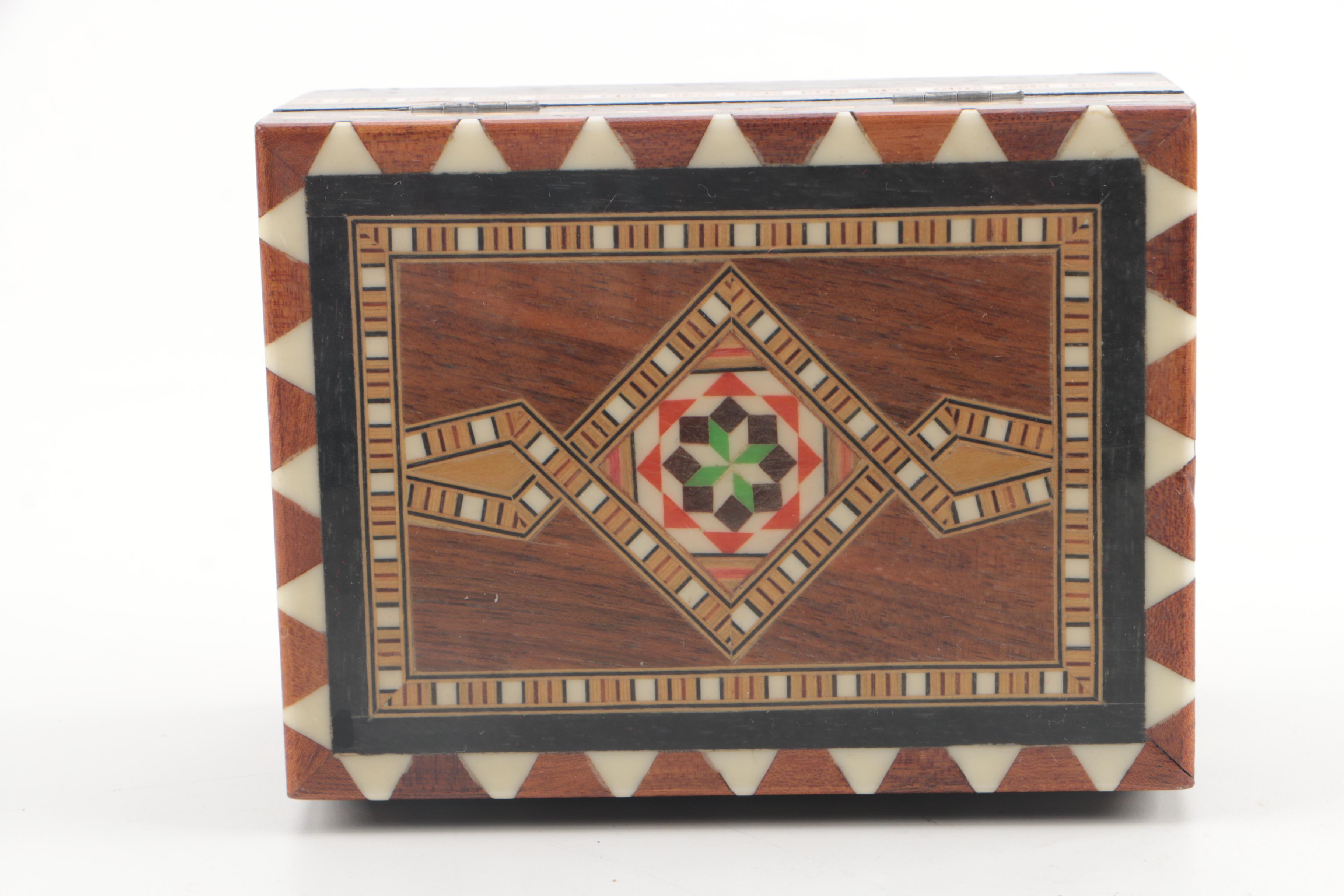 Hand Crafted Inlaid Wood Music Box and Trinket Box