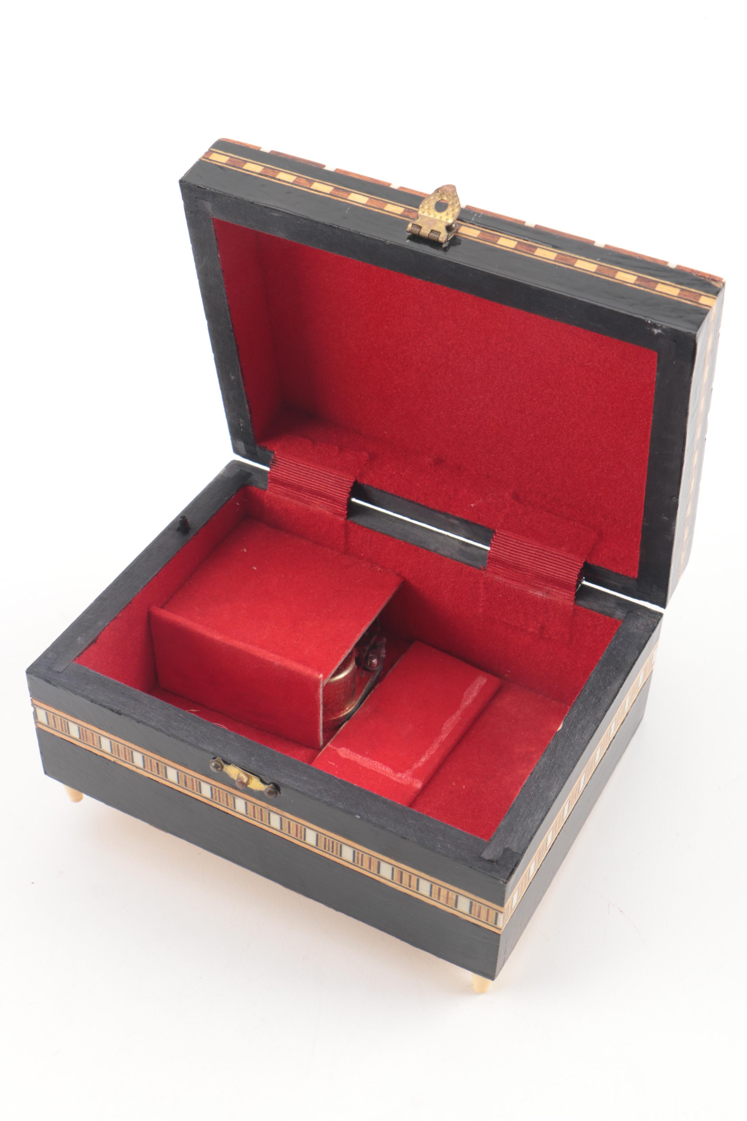Hand Crafted Inlaid Wood Music Box and Trinket Box