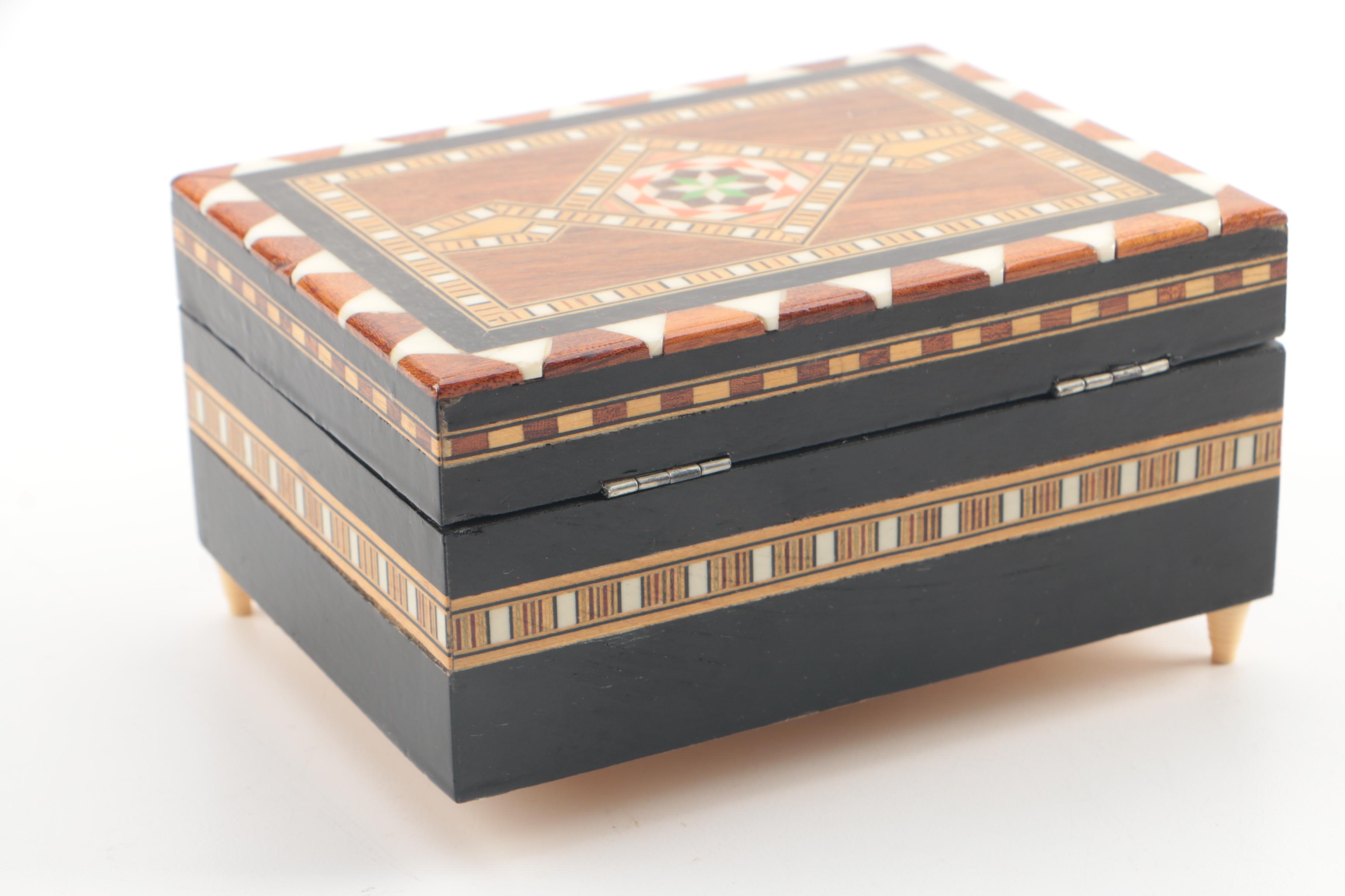 Hand Crafted Inlaid Wood Music Box and Trinket Box