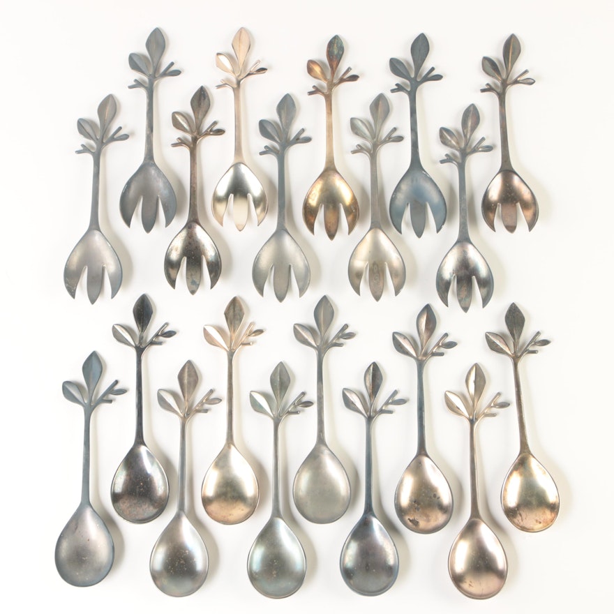 Blue Leaves French Nature-Inspired Silver Plate Serving Forks and Spoons