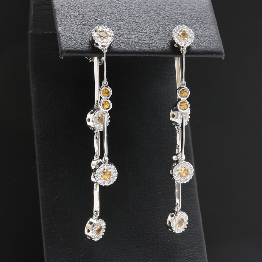 14K White Gold Yellow Sapphire and Diamond Dangle Earrings with Enhancers