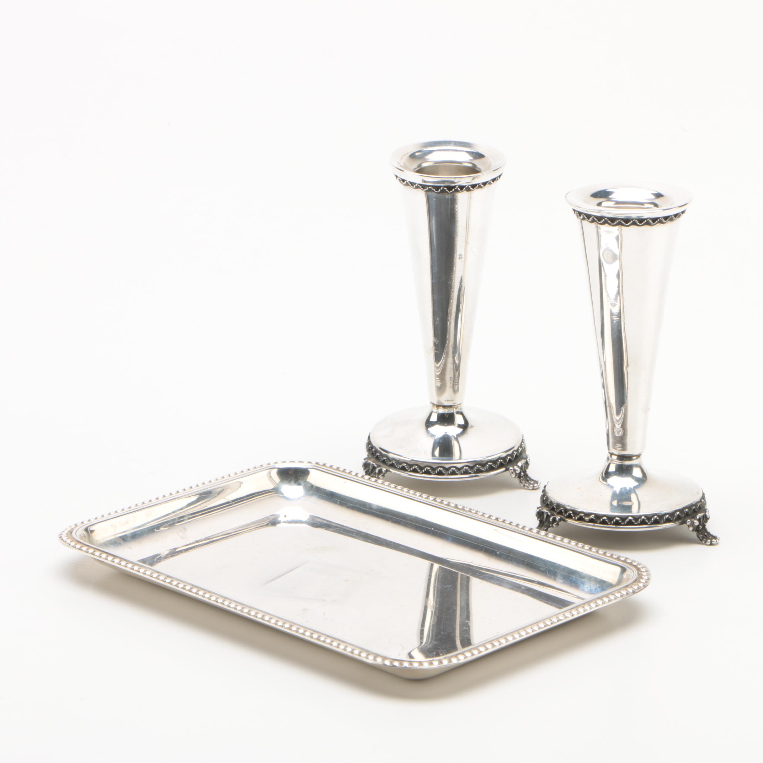 Hazorfim Sterling Silver Tray with Weighted Sterling Candleholders