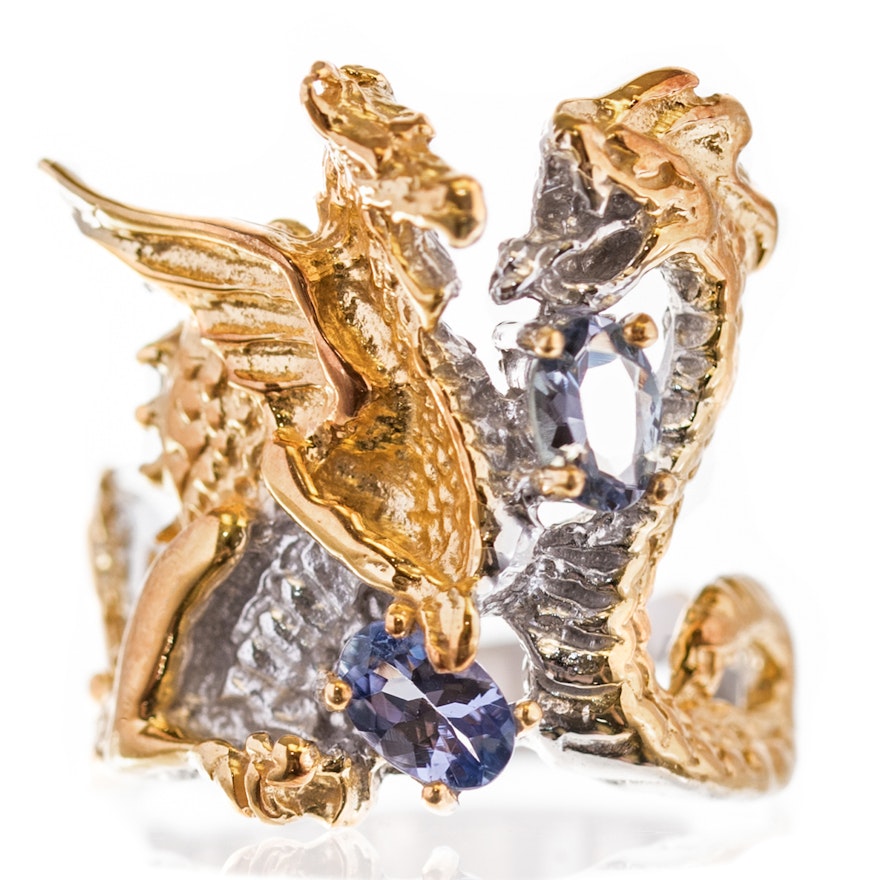 Sterling Silver Tanzanite Dragon and Serpent Ring with Gold Wash