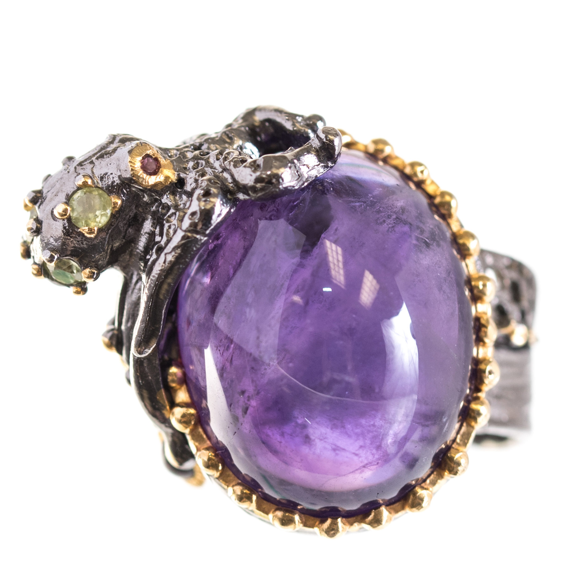 Oxidized Sterling Silver 33.45 Amethyst, Peridot, and Garnet Octopus Ring