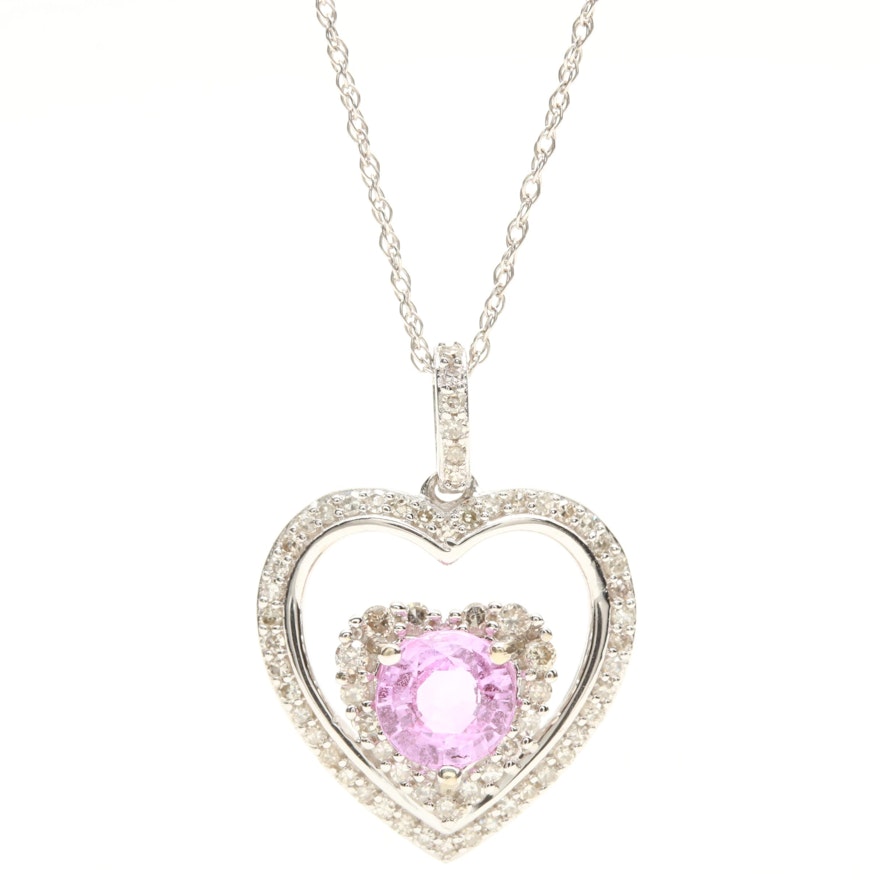 14K White Gold Pink Sapphire and Diamond Heart Pendant Necklace