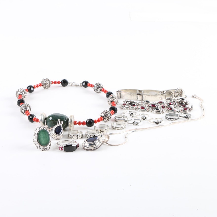 Sterling Silver Jewelry Assortment Including Garnet, Synthetic Spinel, and Coral