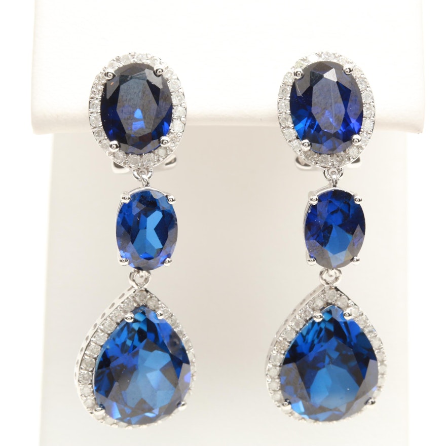 14K White Gold Synthetic Blue Sapphire and Diamond Dangle Earrings