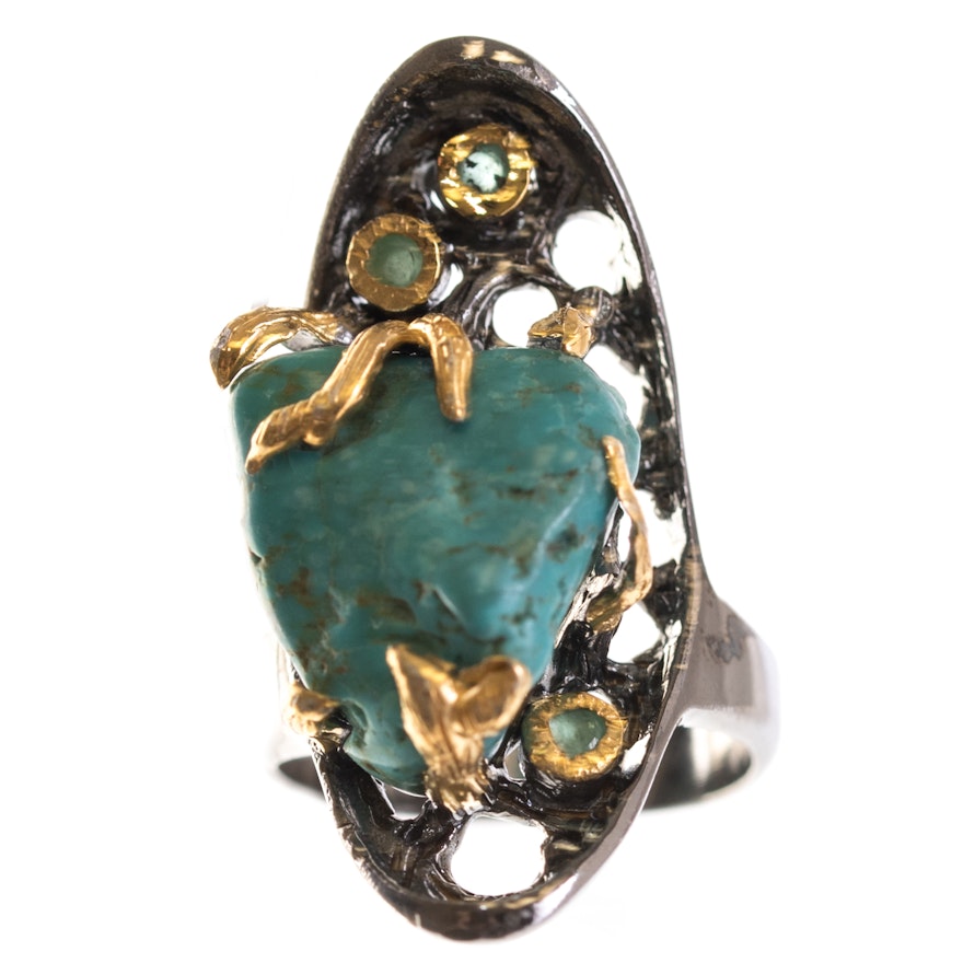 Oxidized Sterling Silver Turquoise and Emerald Ring