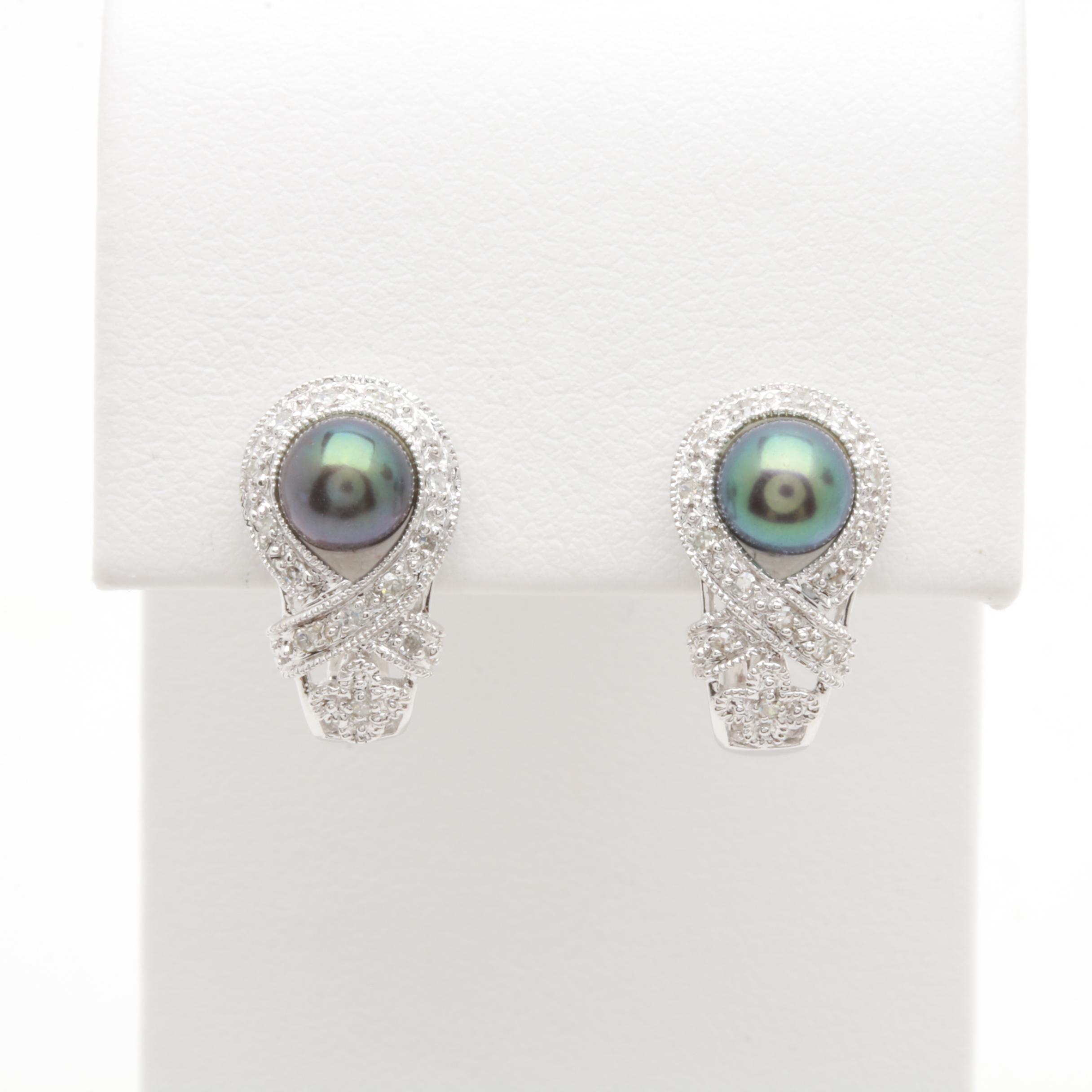 14K White Gold Cultured Pearl and Diamond Earrings
