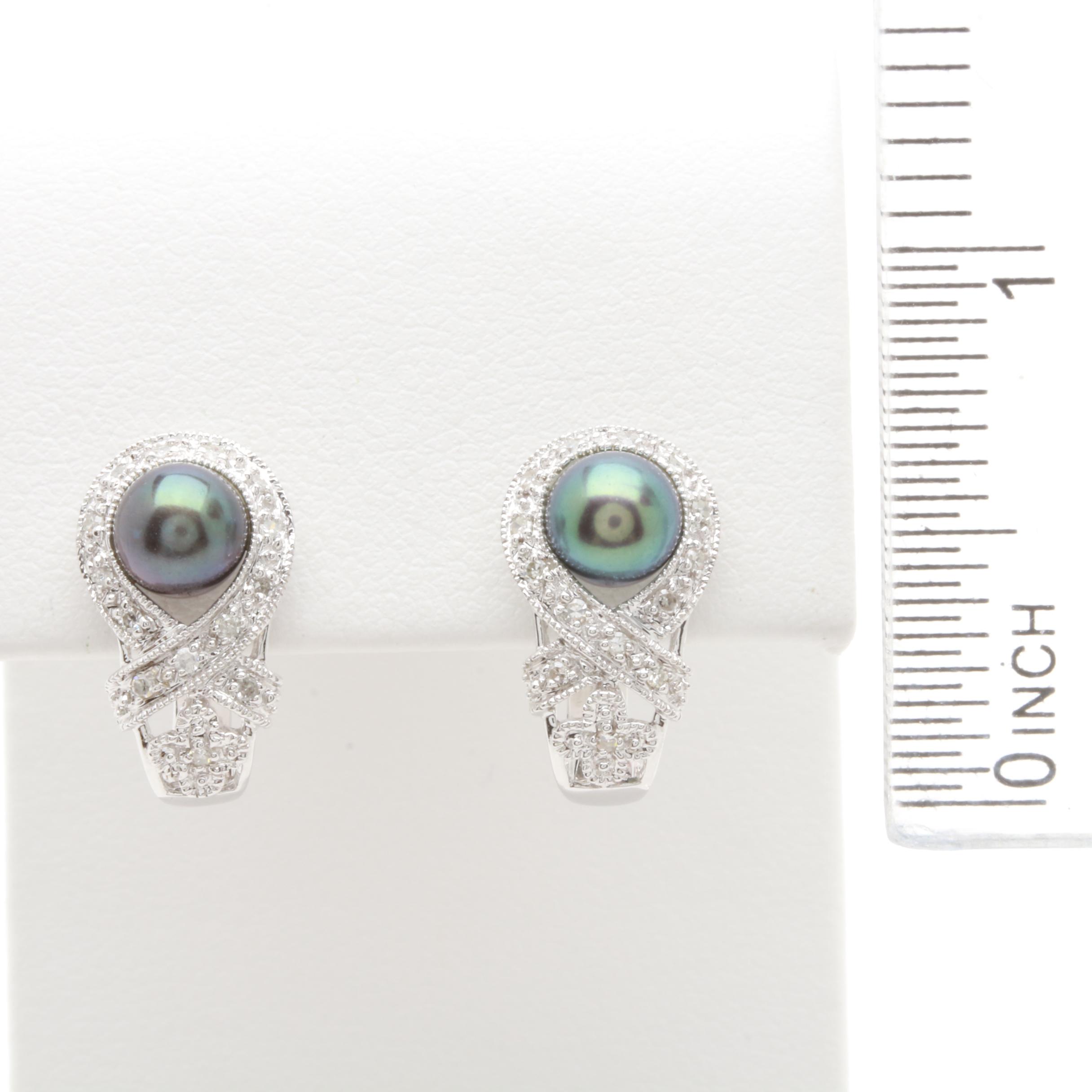 14K White Gold Cultured Pearl and Diamond Earrings