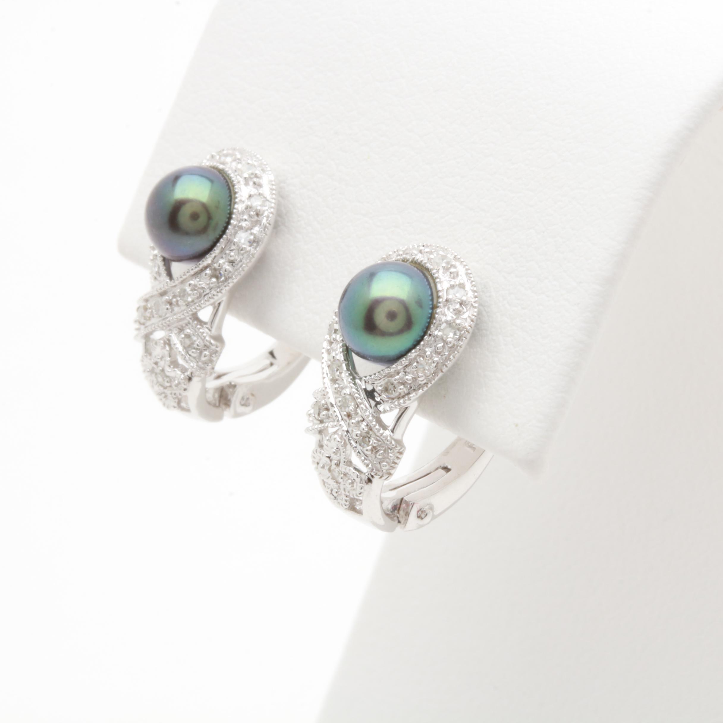 14K White Gold Cultured Pearl and Diamond Earrings