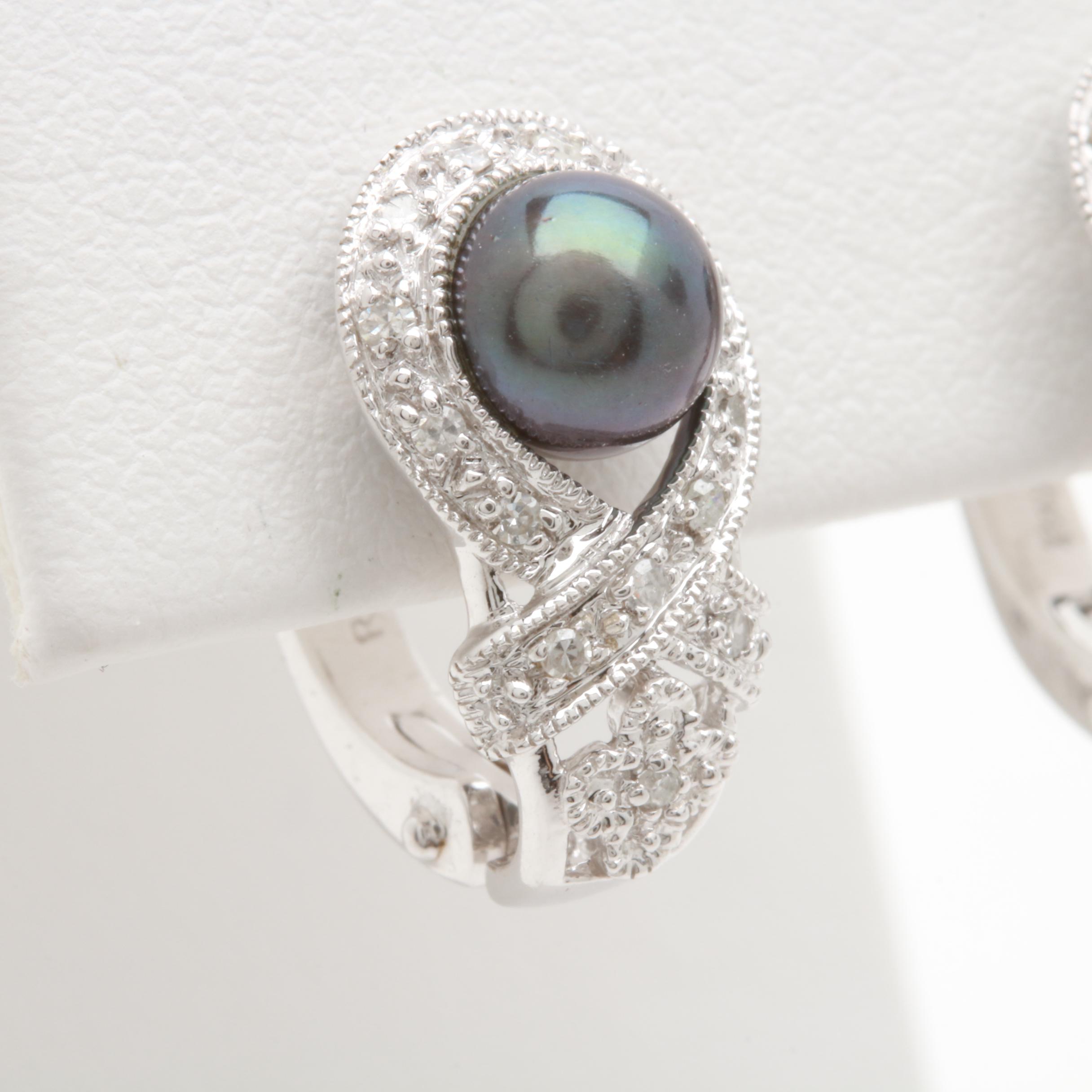 14K White Gold Cultured Pearl and Diamond Earrings