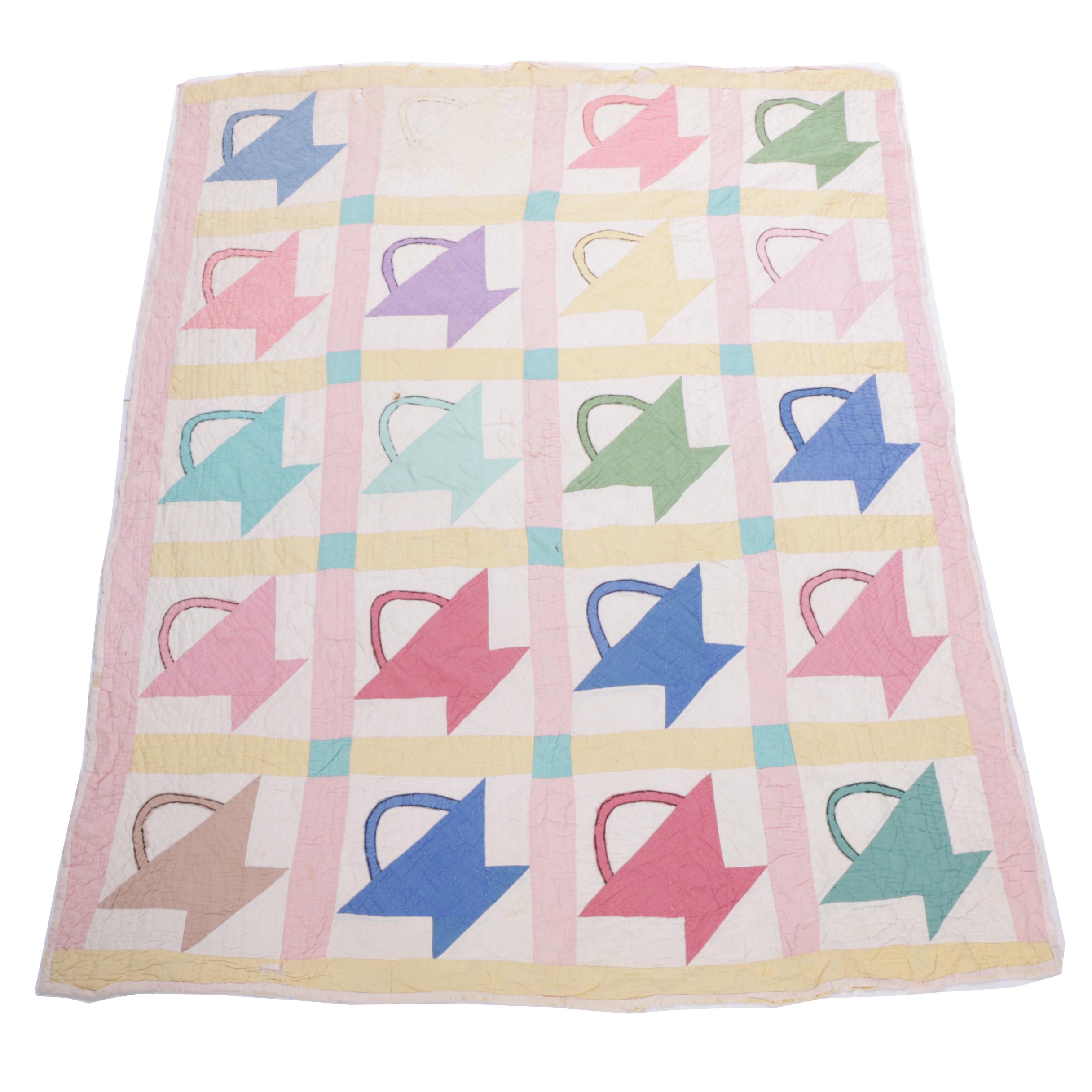 Vintage Hand Stitched "Cherry Basket" Quilt