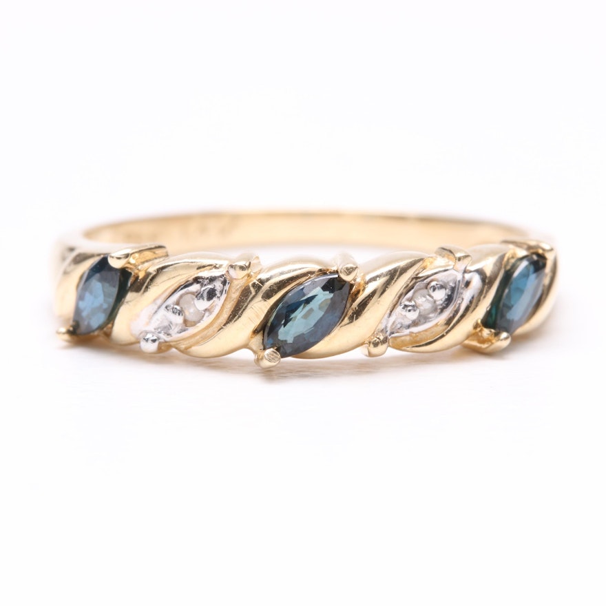 14K Yellow Gold Blue Sapphire and Diamond Ring