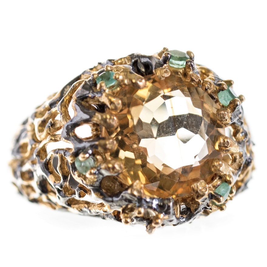 Sterling Silver Citrine and Emerald Ring with Gold Wash Accents