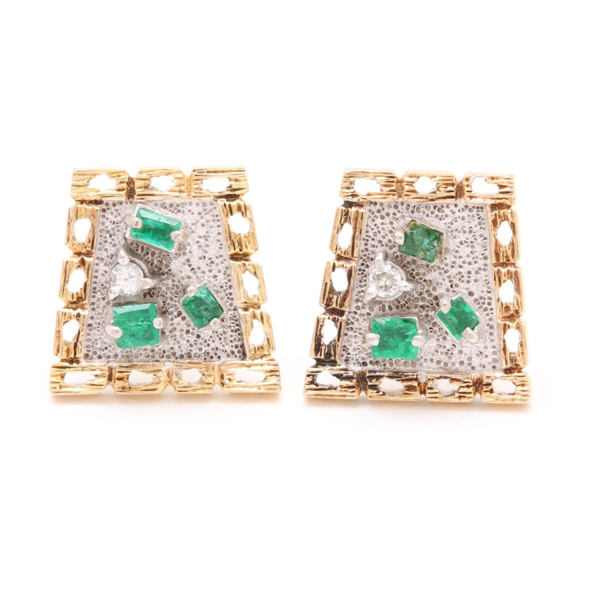 14K Yellow Gold Emerald and Diamond Accented Earrings with Sterling Silver