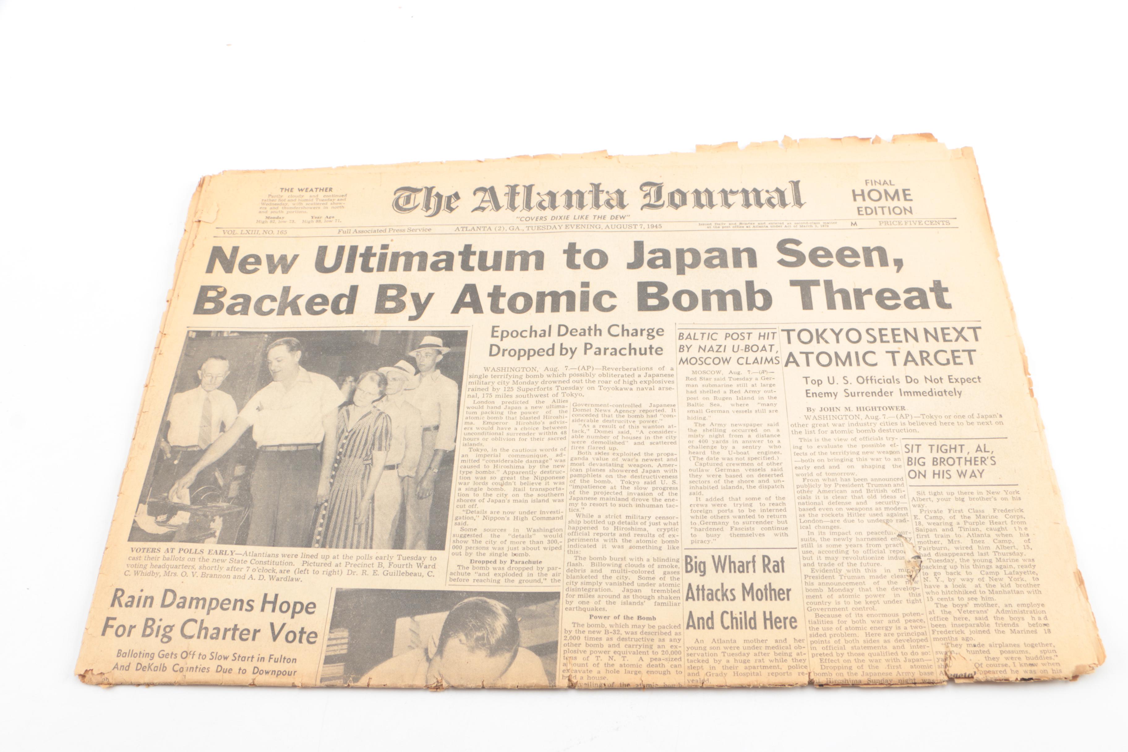 1945 Issues of "The Atlanta Journal" with World War II Headlines