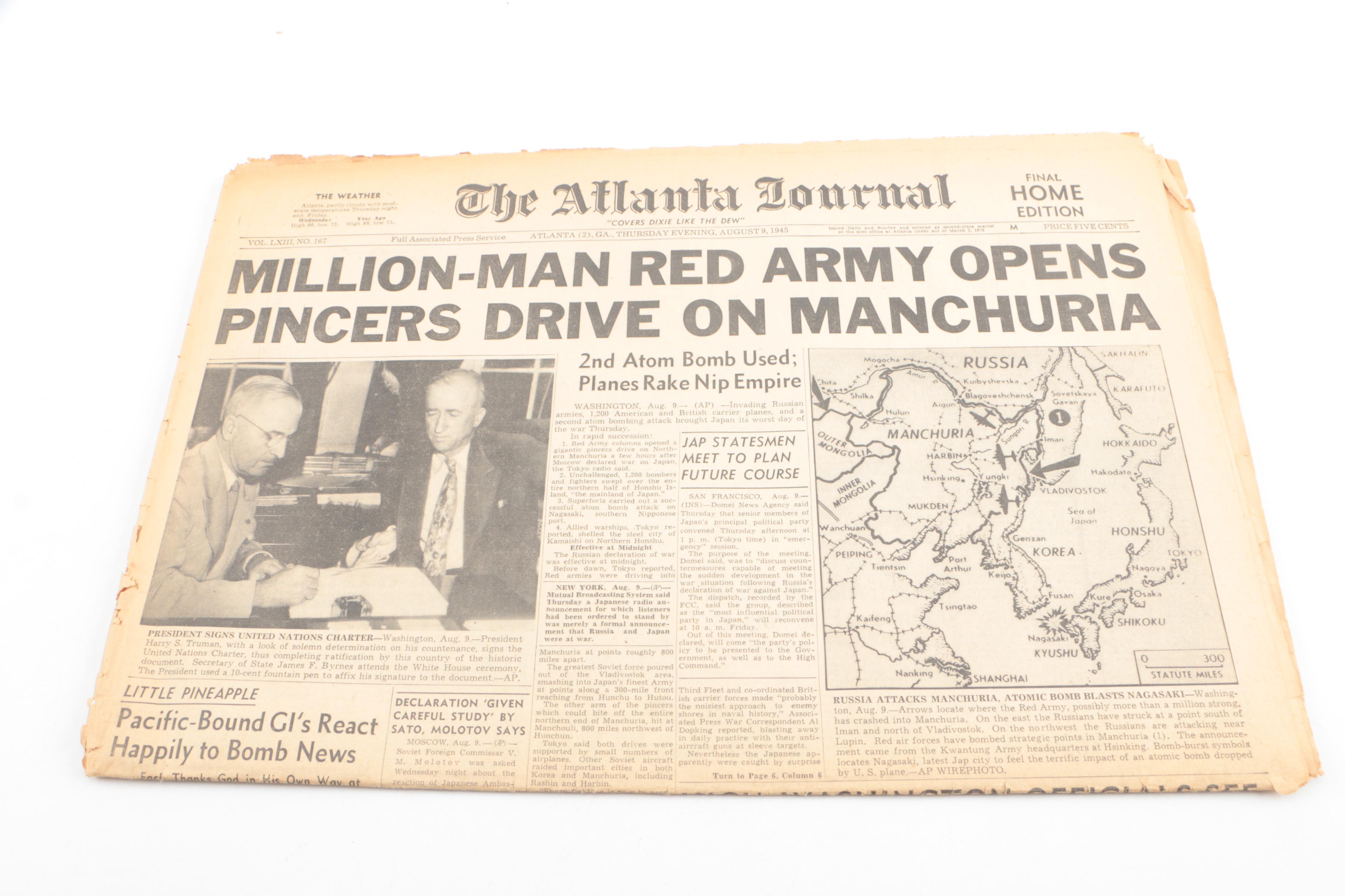 1945 Issues of "The Atlanta Journal" with World War II Headlines