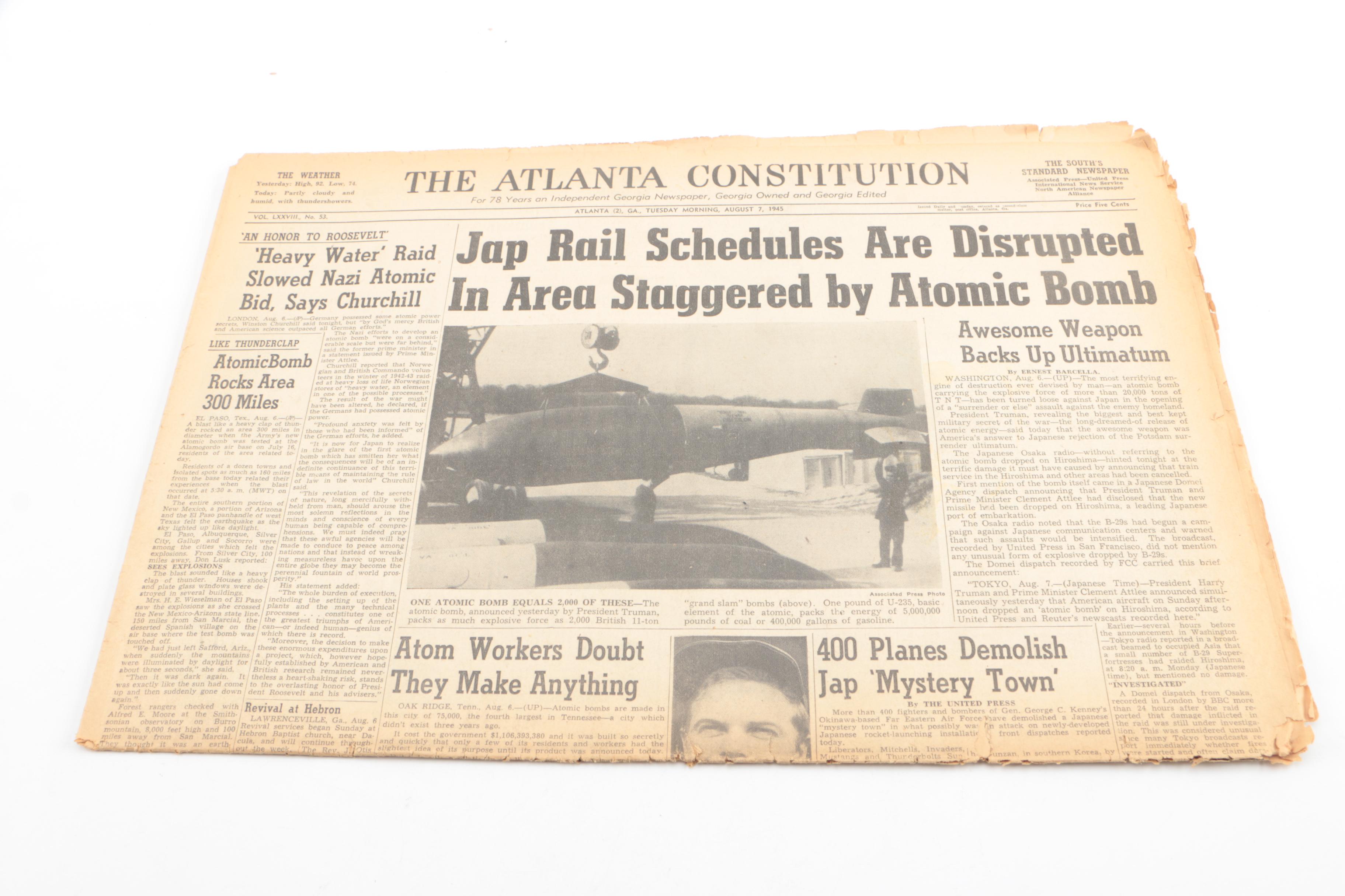 1945 Issues of "The Atlanta Journal" with World War II Headlines