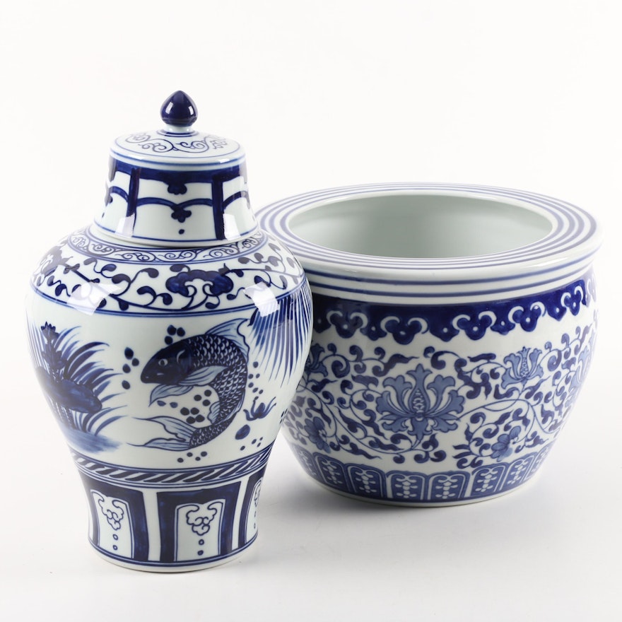 Williams-Sonoma Blue and White Fish Bowl Planter and Chinoiserie Urn