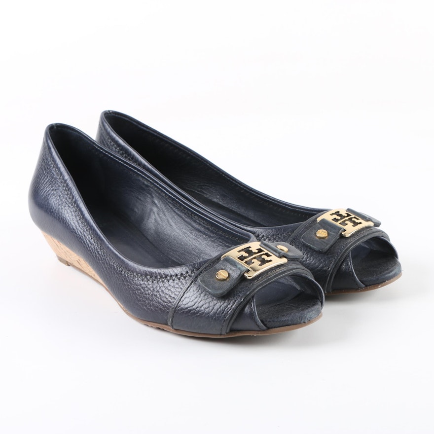 Tory Burch Emma Navy Leather Peep-Toe Wedges