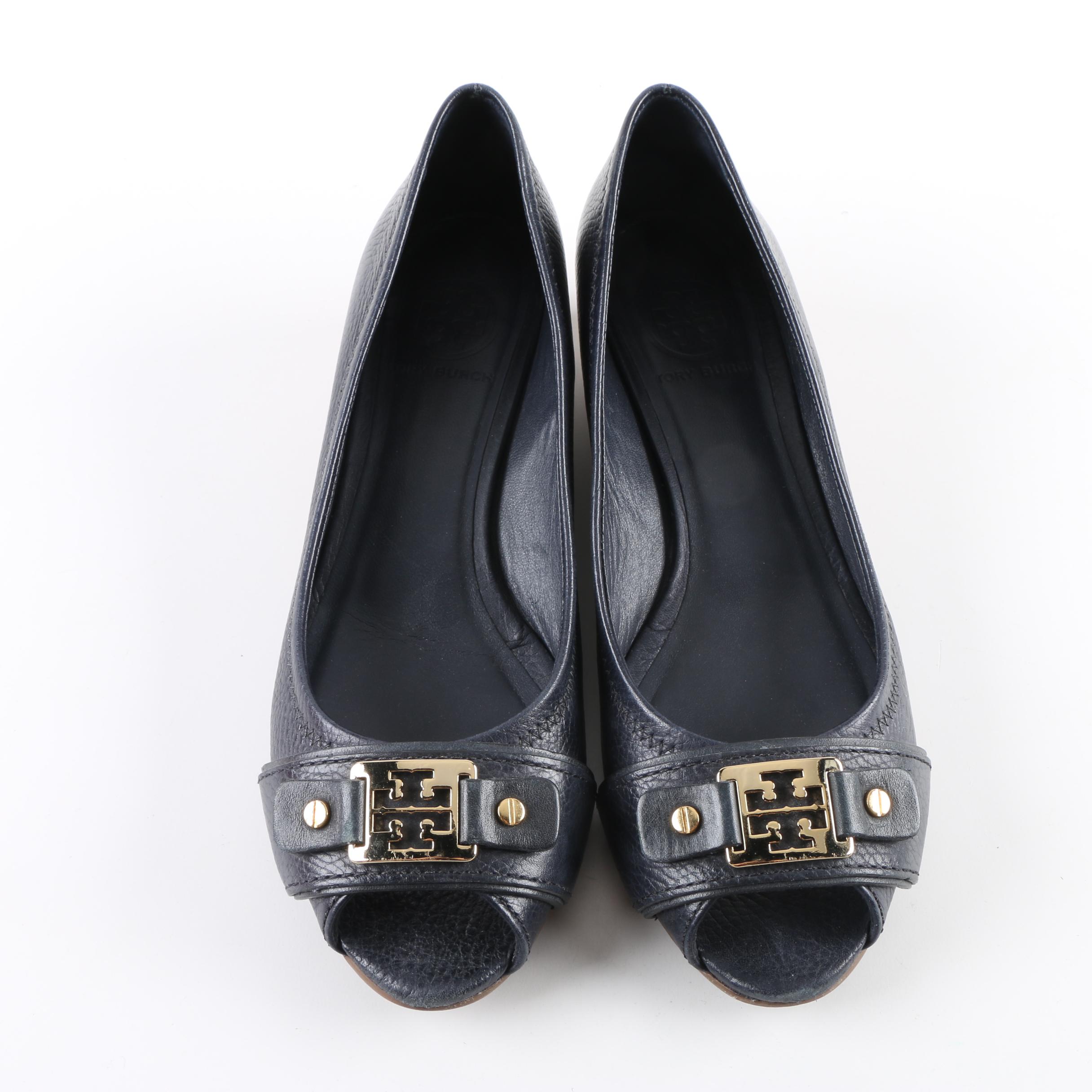 Tory Burch Emma Navy Leather Peep-Toe Wedges