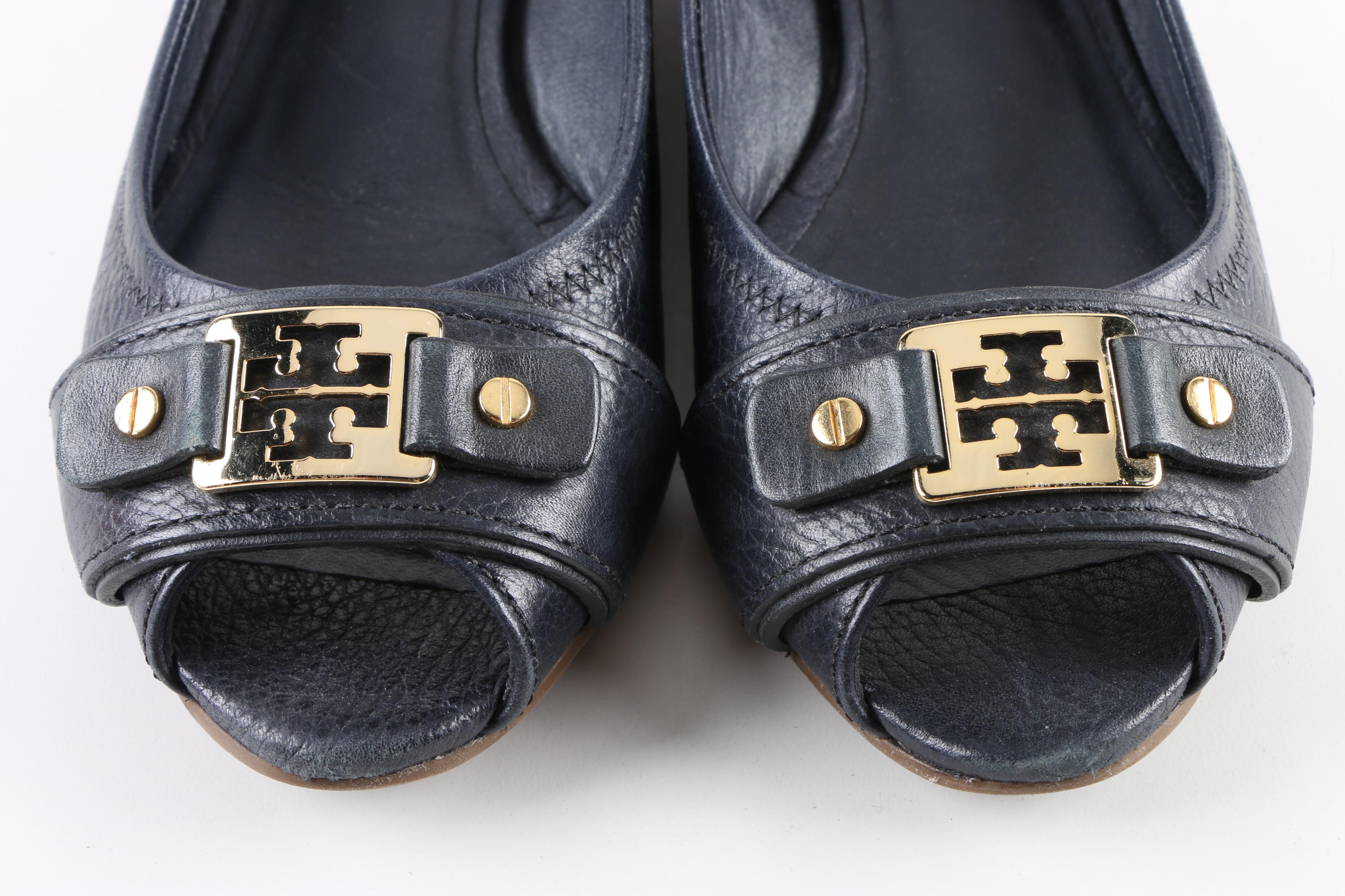 Tory Burch Emma Navy Leather Peep-Toe Wedges